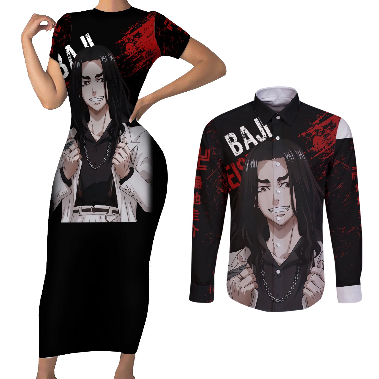 Baji Keisuke - Anime Revengers Couples Matching Short Sleeve Bodycon Dress and Long Sleeve Button Shirt