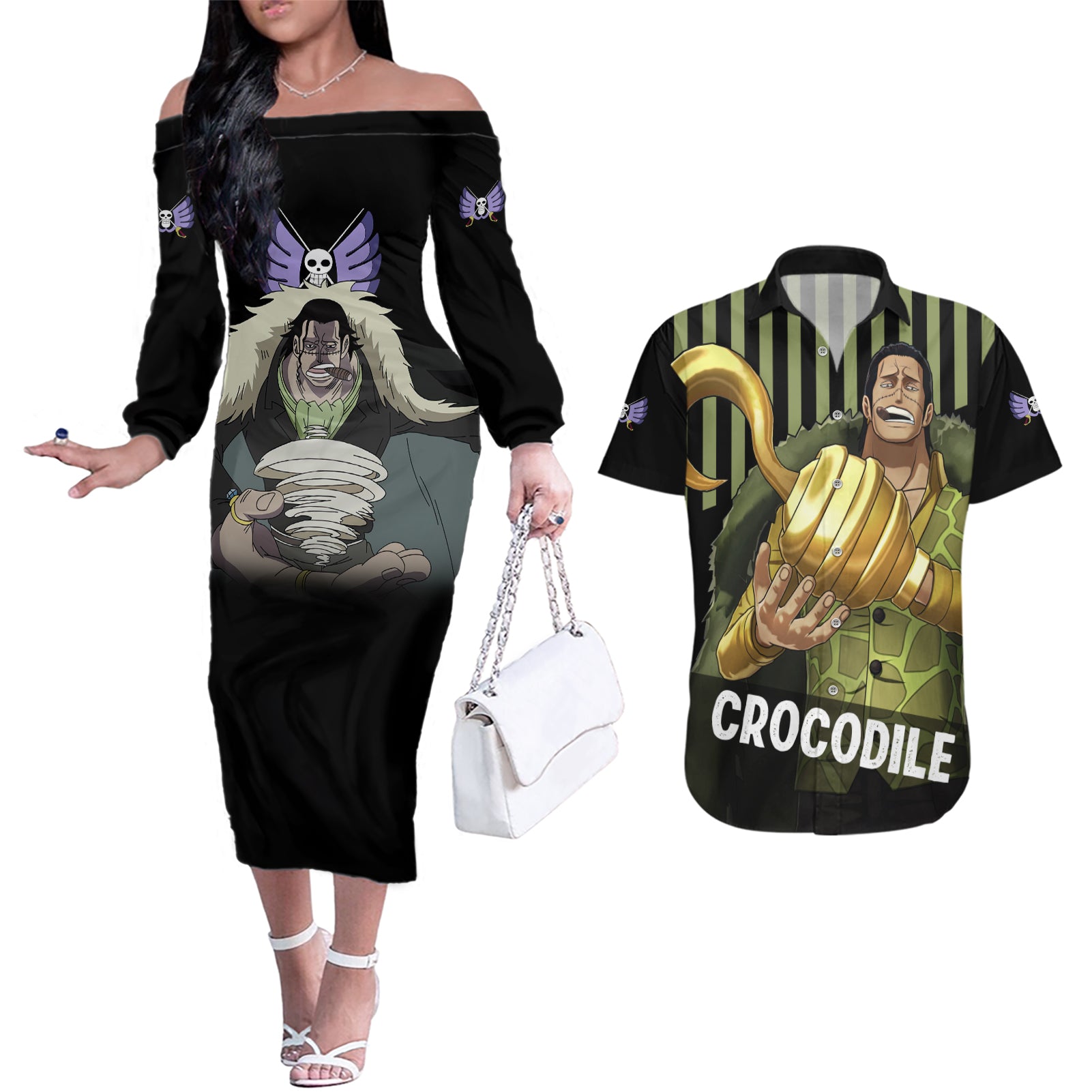 Crocodile - One Piece Couples Matching Off The Shoulder Long Sleeve Dress and Hawaiian Shirt