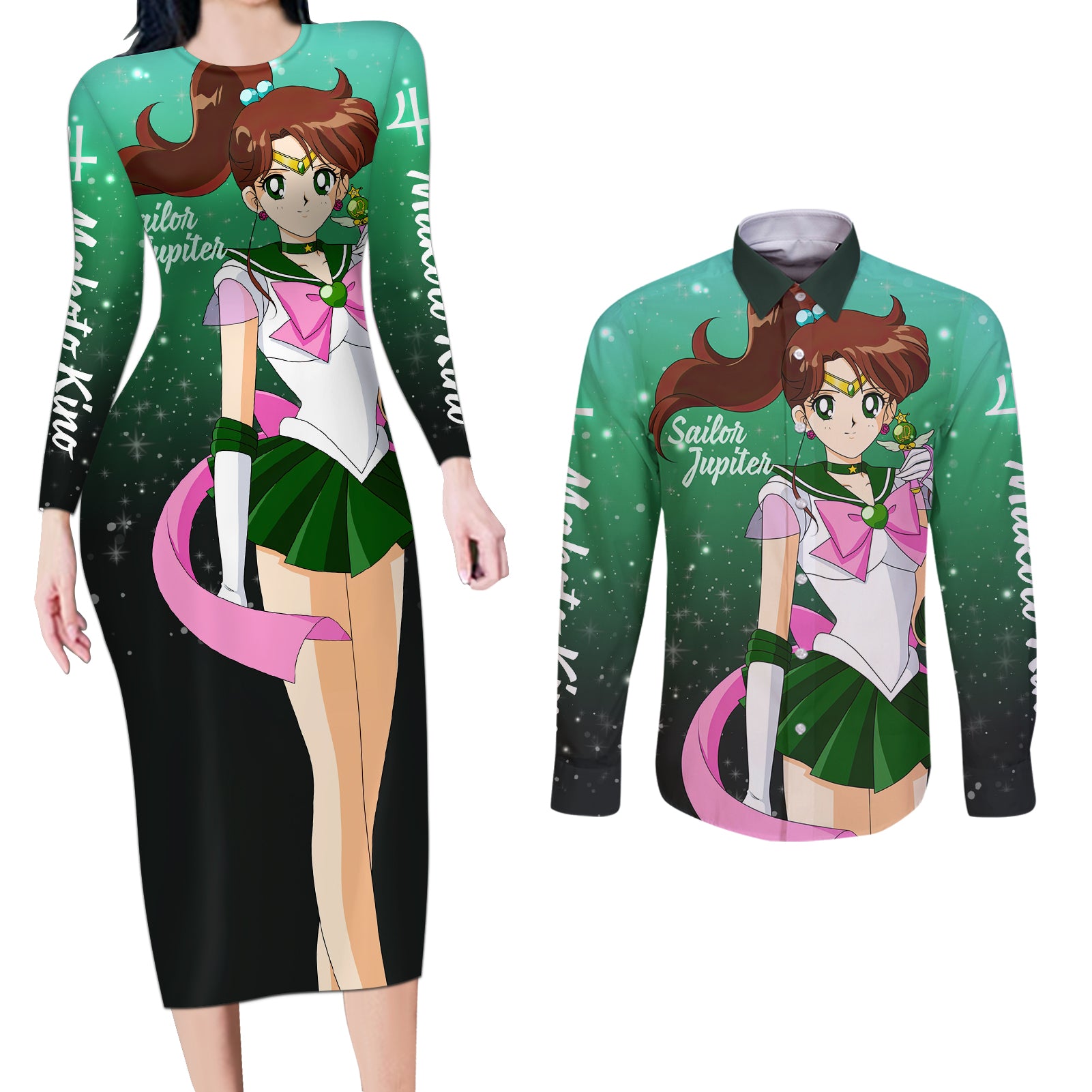 Sailor Jupiter Makoto Kino Couples Matching Long Sleeve Bodycon Dress and Long Sleeve Button Shirt