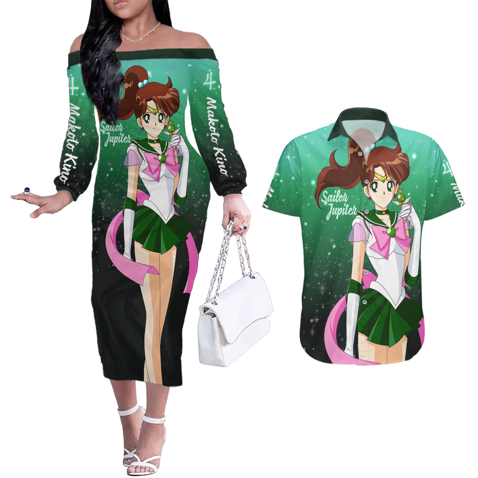 Sailor Jupiter Makoto Kino Couples Matching Off The Shoulder Long Sleeve Dress and Hawaiian Shirt