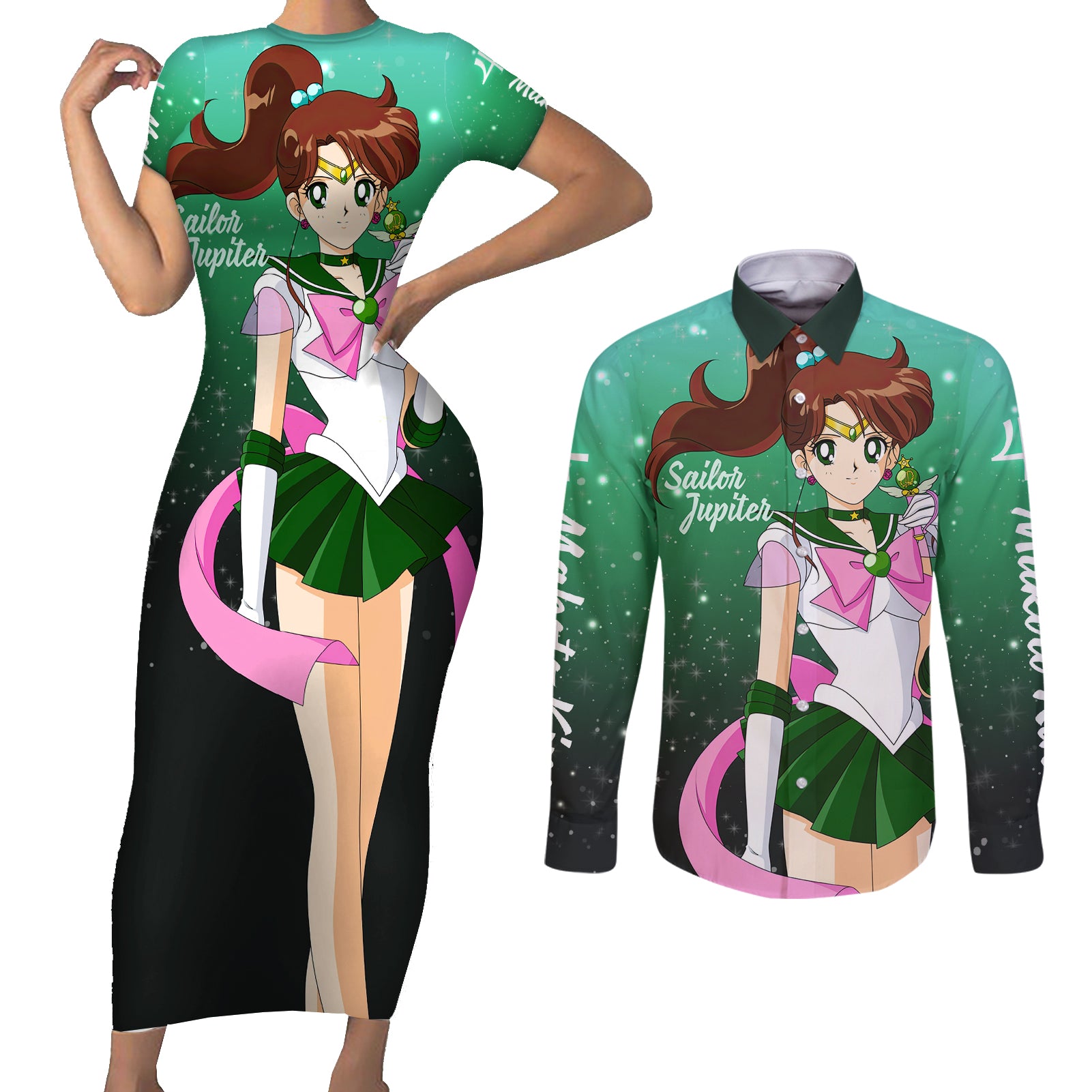 Sailor Jupiter Makoto Kino Couples Matching Short Sleeve Bodycon Dress and Long Sleeve Button Shirt