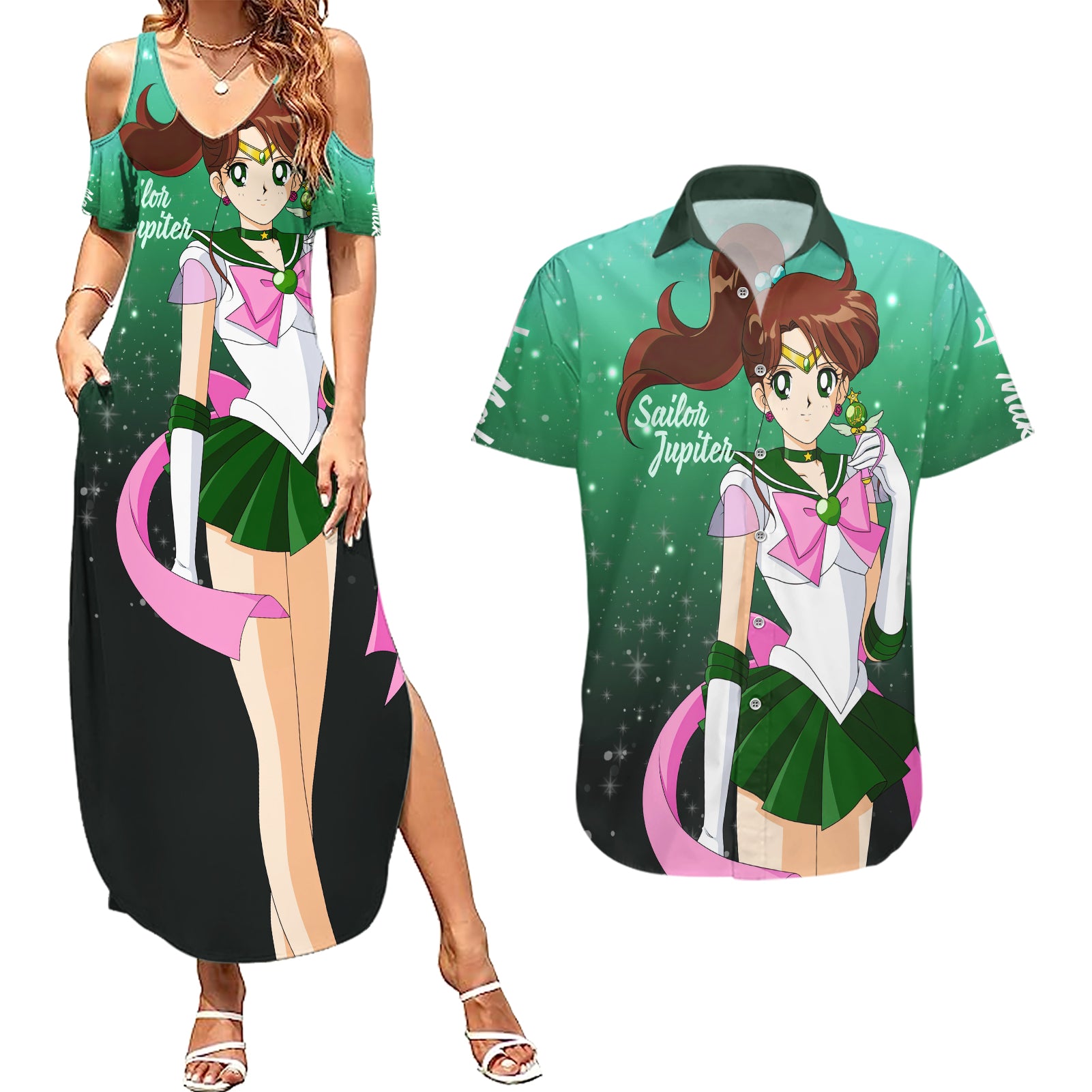 Sailor Jupiter Makoto Kino Couples Matching Summer Maxi Dress and Hawaiian Shirt