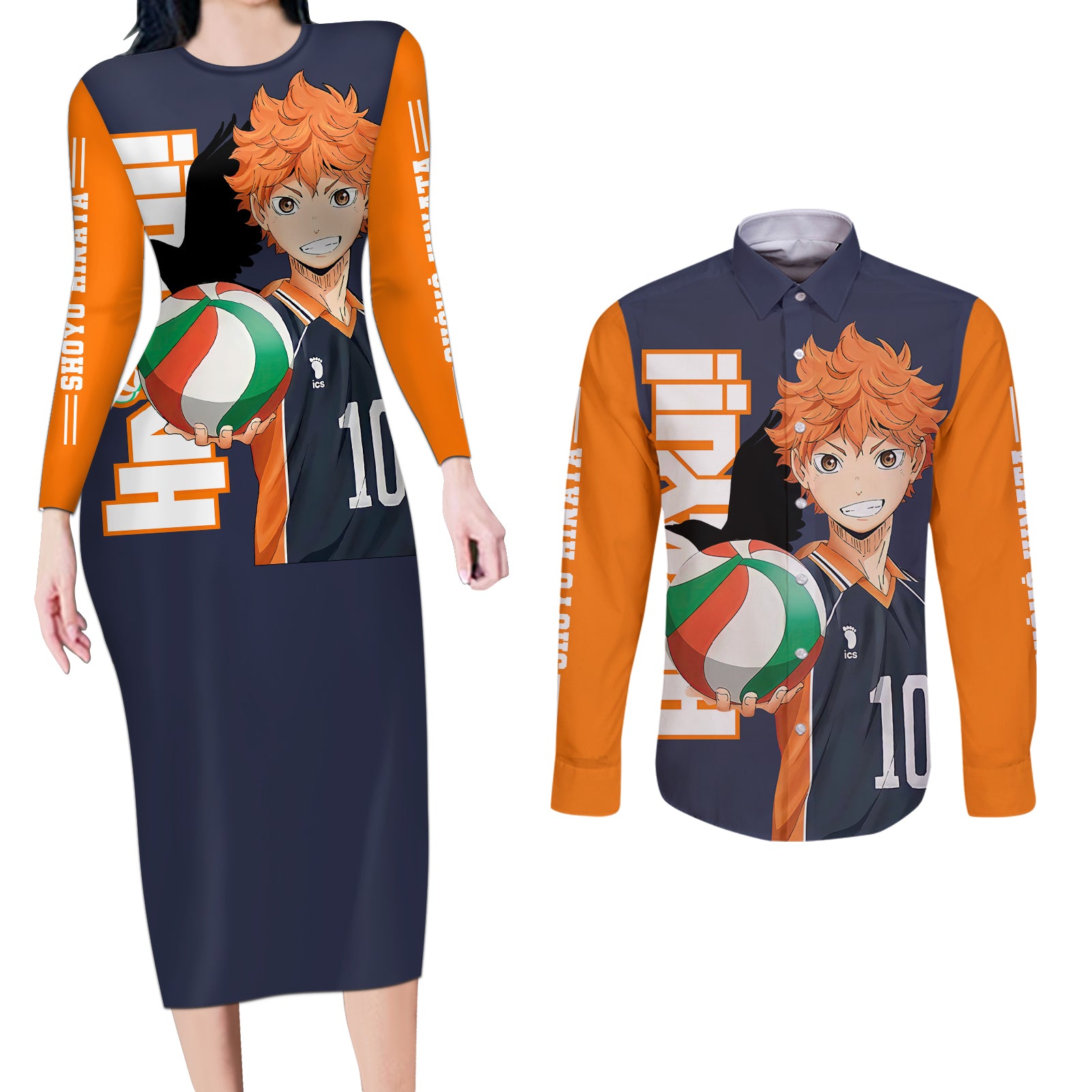 Karasuno Shoyo Hinata Couples Matching Long Sleeve Bodycon Dress and Long Sleeve Button Shirt