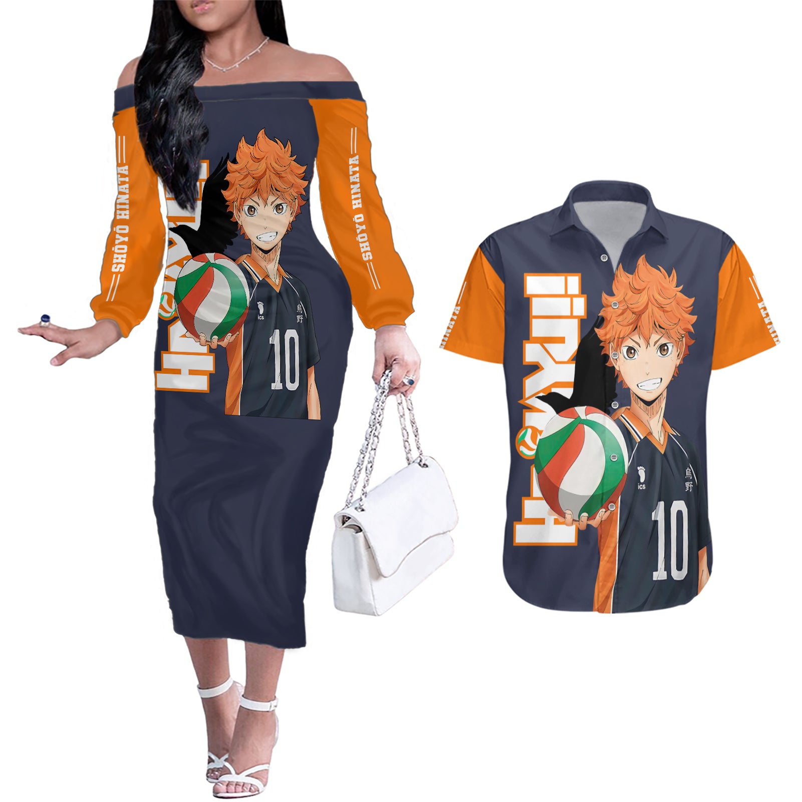 Karasuno Shoyo Hinata Couples Matching Off The Shoulder Long Sleeve Dress and Hawaiian Shirt