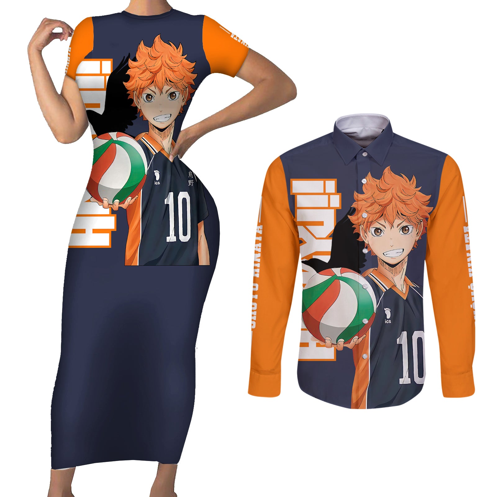 Karasuno Shoyo Hinata Couples Matching Short Sleeve Bodycon Dress and Long Sleeve Button Shirt