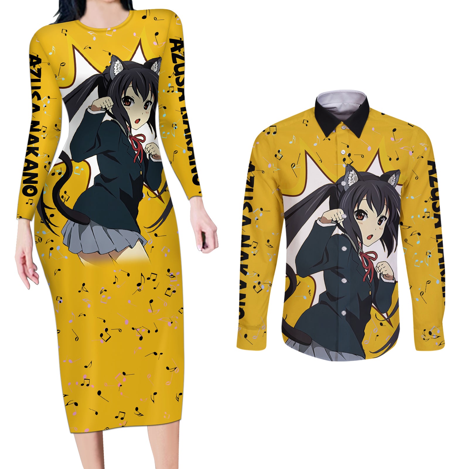 K-On - Azusa Nakano Anime Couples Matching Long Sleeve Bodycon Dress and Long Sleeve Button Shirt