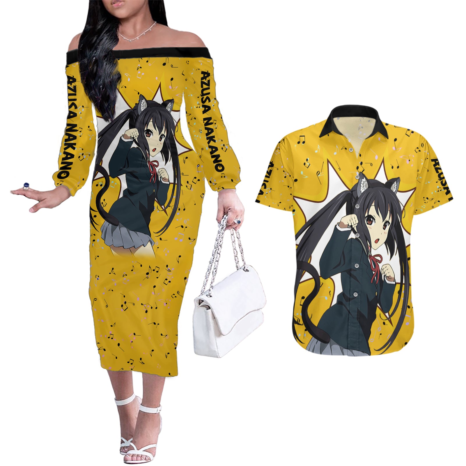 K-On - Azusa Nakano Anime Couples Matching Off The Shoulder Long Sleeve Dress and Hawaiian Shirt