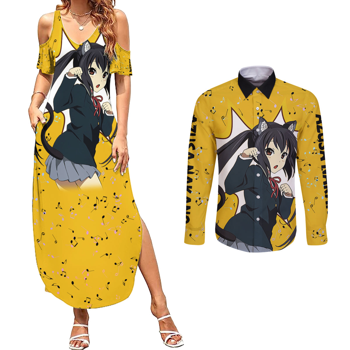 K-On - Azusa Nakano Anime Couples Matching Summer Maxi Dress and Long Sleeve Button Shirt