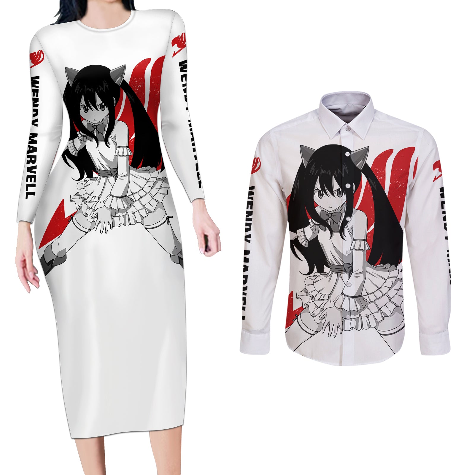 Wendy Marvell Couples Matching Long Sleeve Bodycon Dress and Long Sleeve Button Shirt