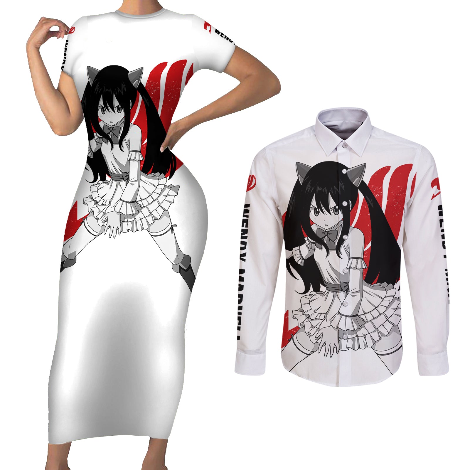 Wendy Marvell Couples Matching Short Sleeve Bodycon Dress and Long Sleeve Button Shirt