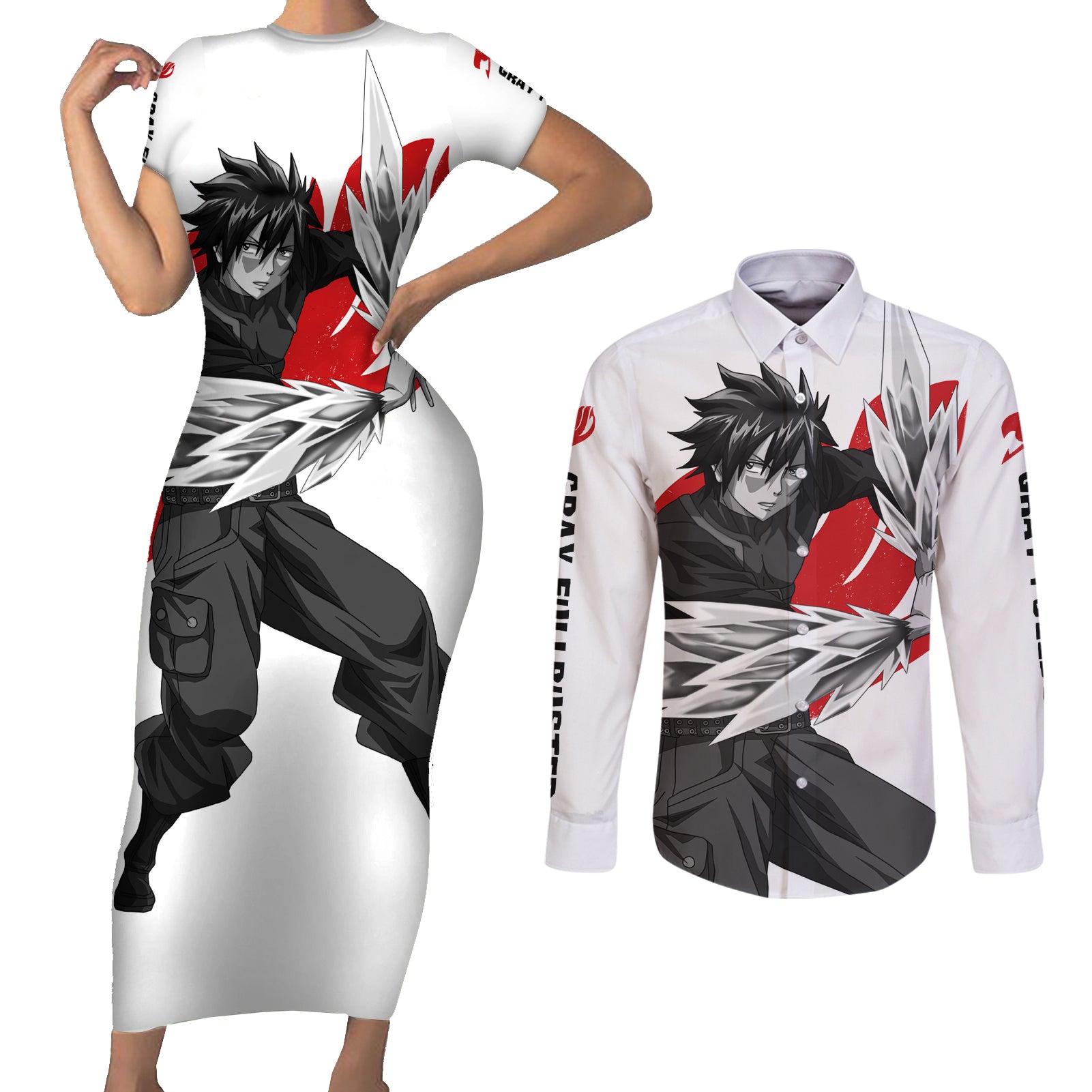 Gray Fullbuster - Silhouette Anime Couples Matching Short Sleeve Bodycon Dress and Long Sleeve Button Shirt