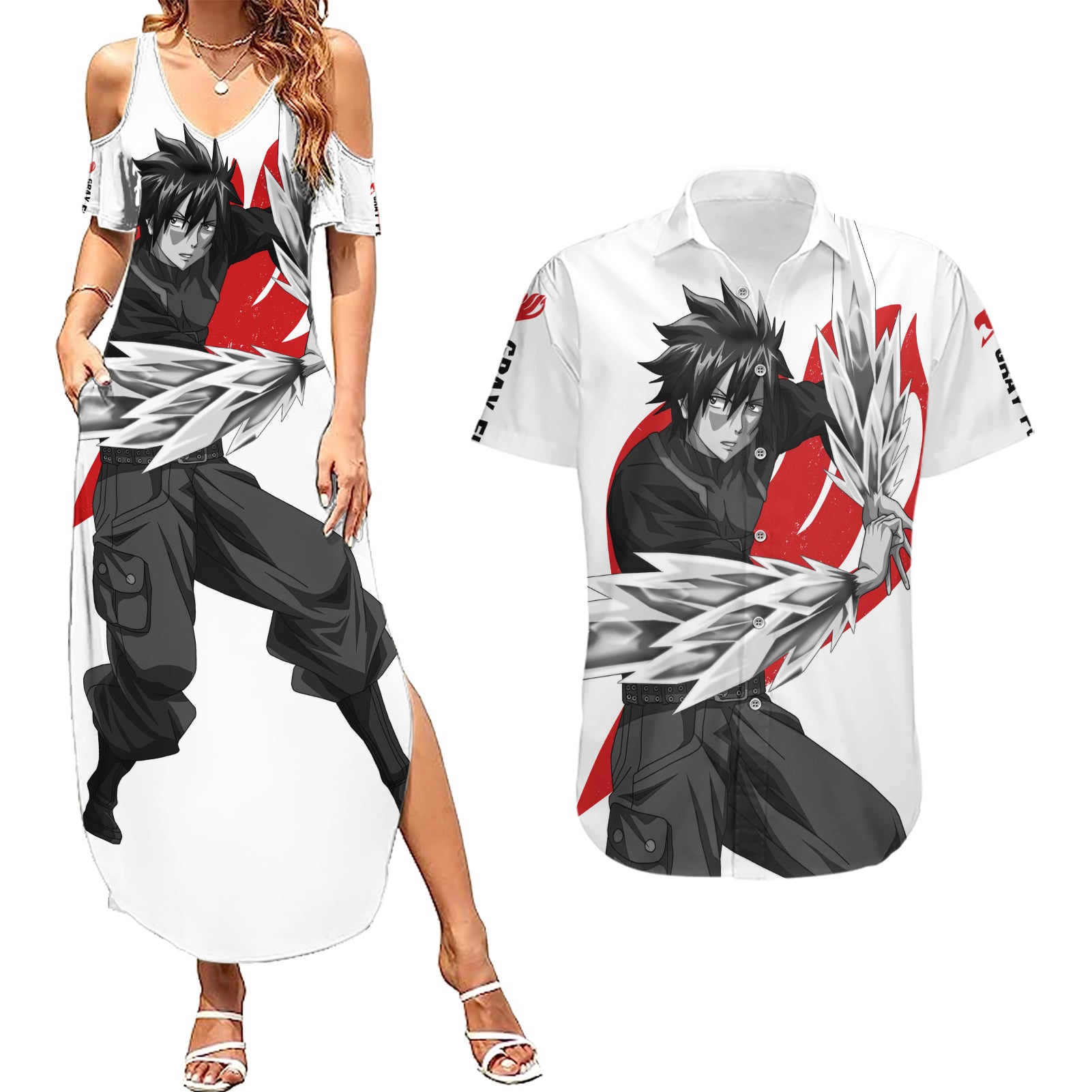 Gray Fullbuster - Silhouette Anime Couples Matching Summer Maxi Dress and Hawaiian Shirt