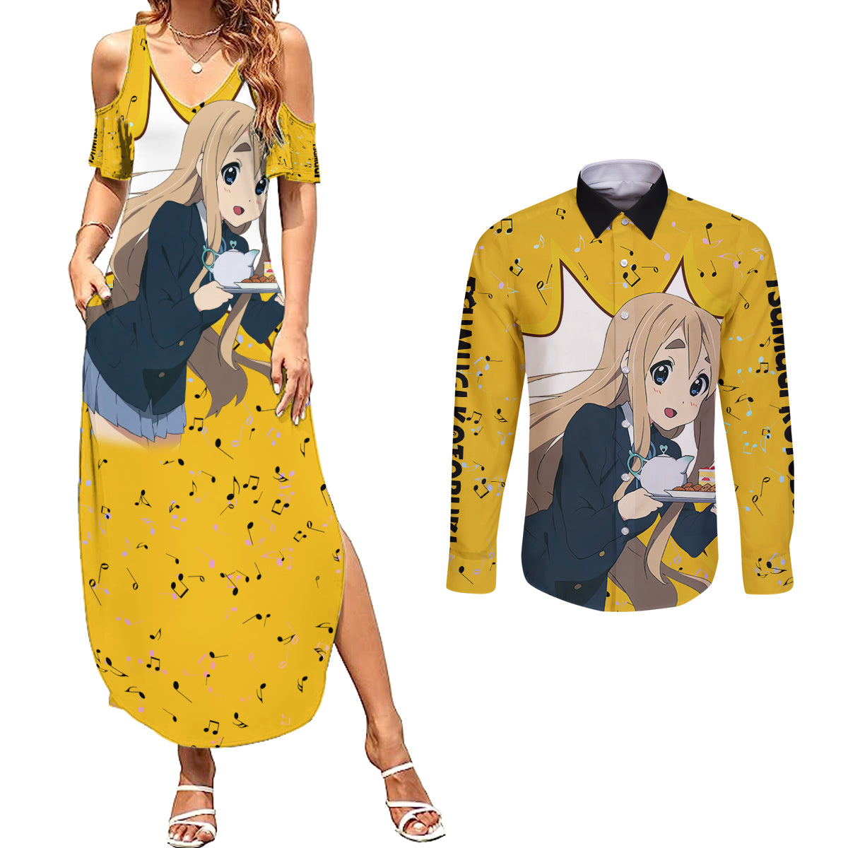 K-On - Tsumugi Kotobuki Anime Couples Matching Summer Maxi Dress and Long Sleeve Button Shirt