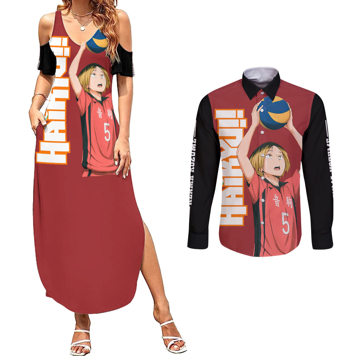 Nekoma Kenma Kozume Couples Matching Summer Maxi Dress and Long Sleeve Button Shirt