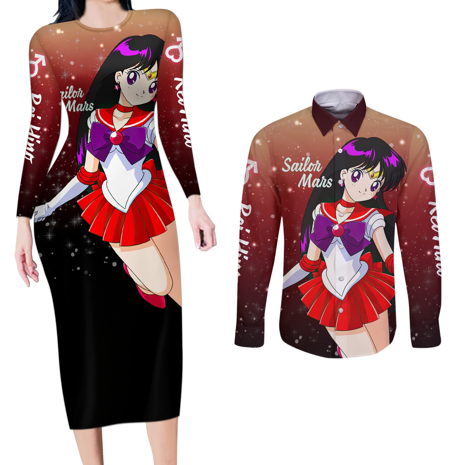 Sailor Mars Rei Hino Couples Matching Long Sleeve Bodycon Dress and Long Sleeve Button Shirt