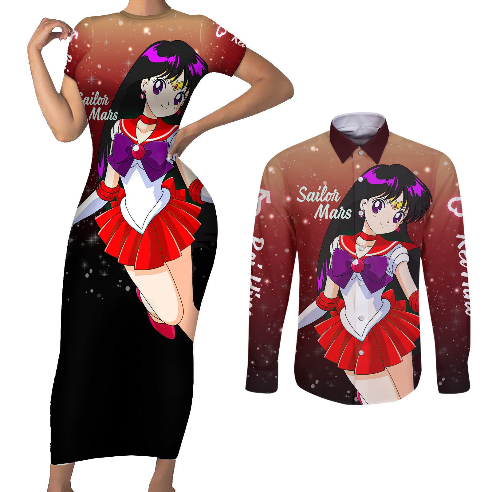 Sailor Mars Rei Hino Couples Matching Short Sleeve Bodycon Dress and Long Sleeve Button Shirt