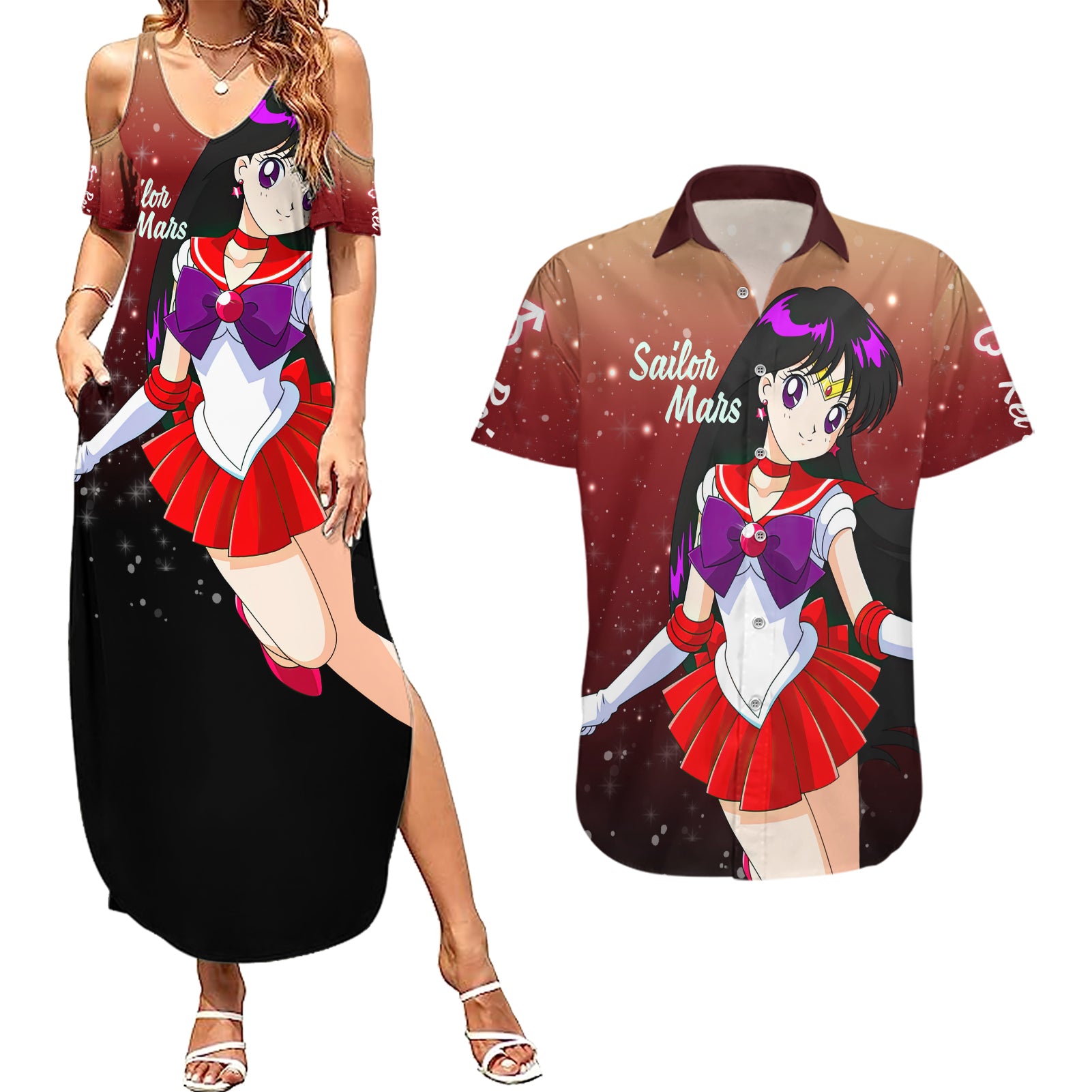 Sailor Mars Rei Hino Couples Matching Summer Maxi Dress and Hawaiian Shirt