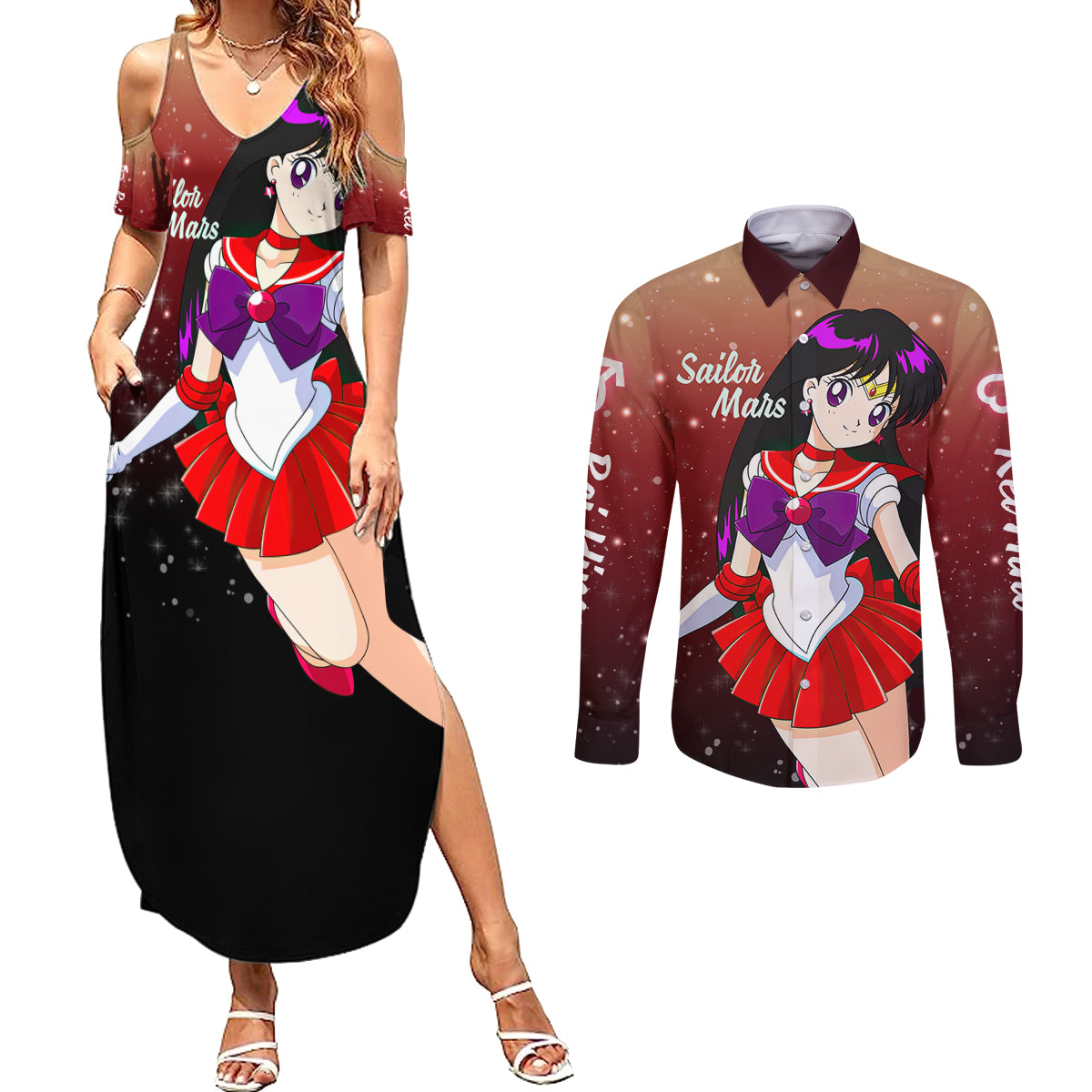 Sailor Mars Rei Hino Couples Matching Summer Maxi Dress and Long Sleeve Button Shirt