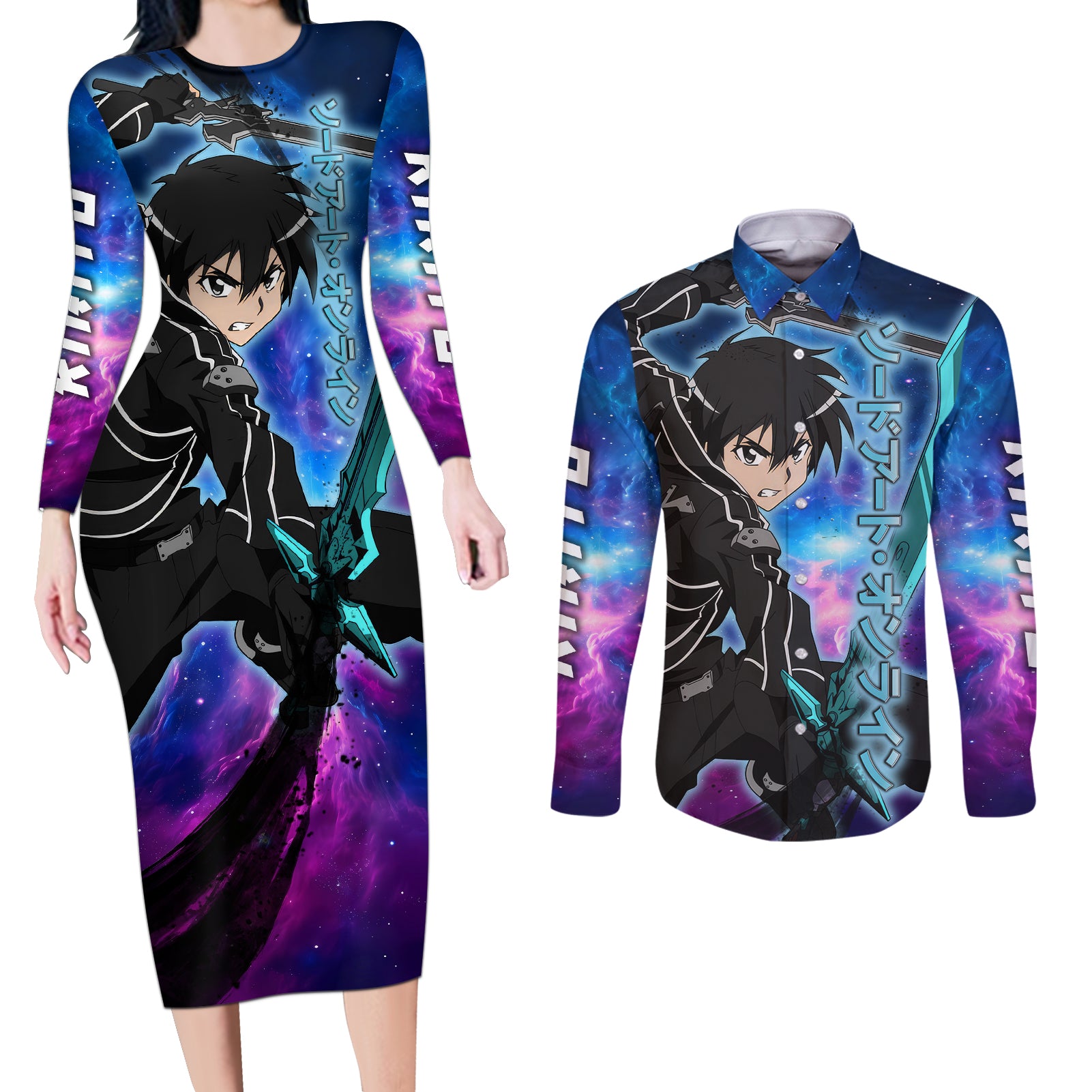 Kirito - Galaxy Style Couples Matching Long Sleeve Bodycon Dress and Long Sleeve Button Shirt Sword Art Galaxy Style