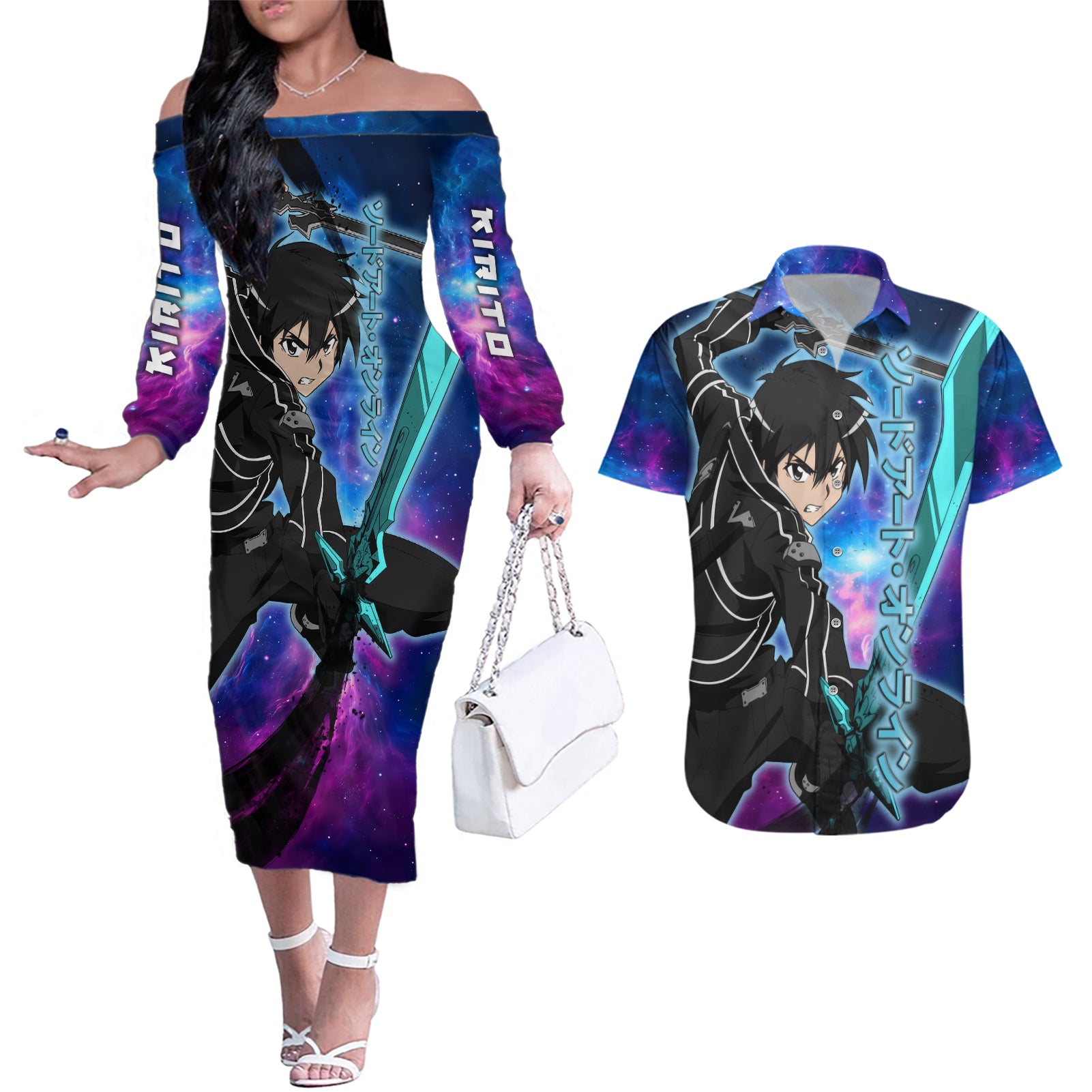 Kirito - Galaxy Style Couples Matching Off The Shoulder Long Sleeve Dress and Hawaiian Shirt Sword Art Galaxy Style