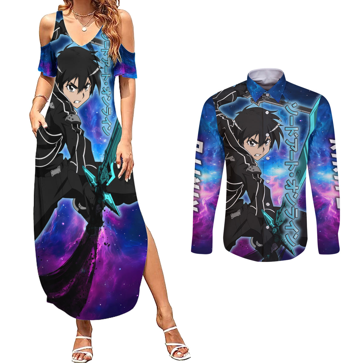 Kirito - Galaxy Style Couples Matching Summer Maxi Dress and Long Sleeve Button Shirt Sword Art Galaxy Style