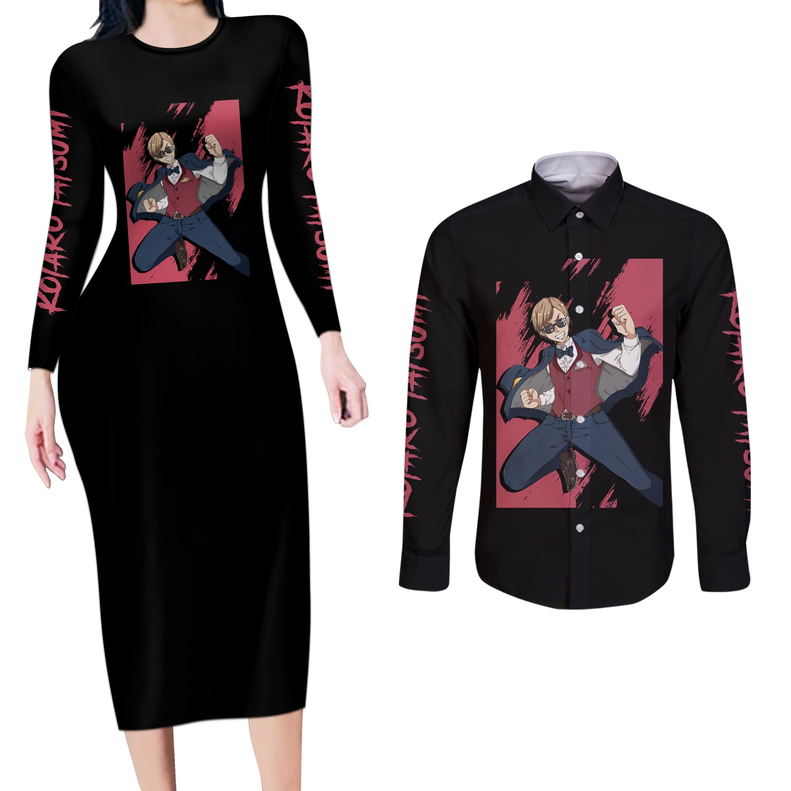 Kotaro Tatsumi Couples Matching Long Sleeve Bodycon Dress and Long Sleeve Button Shirt Zombie Land Saga