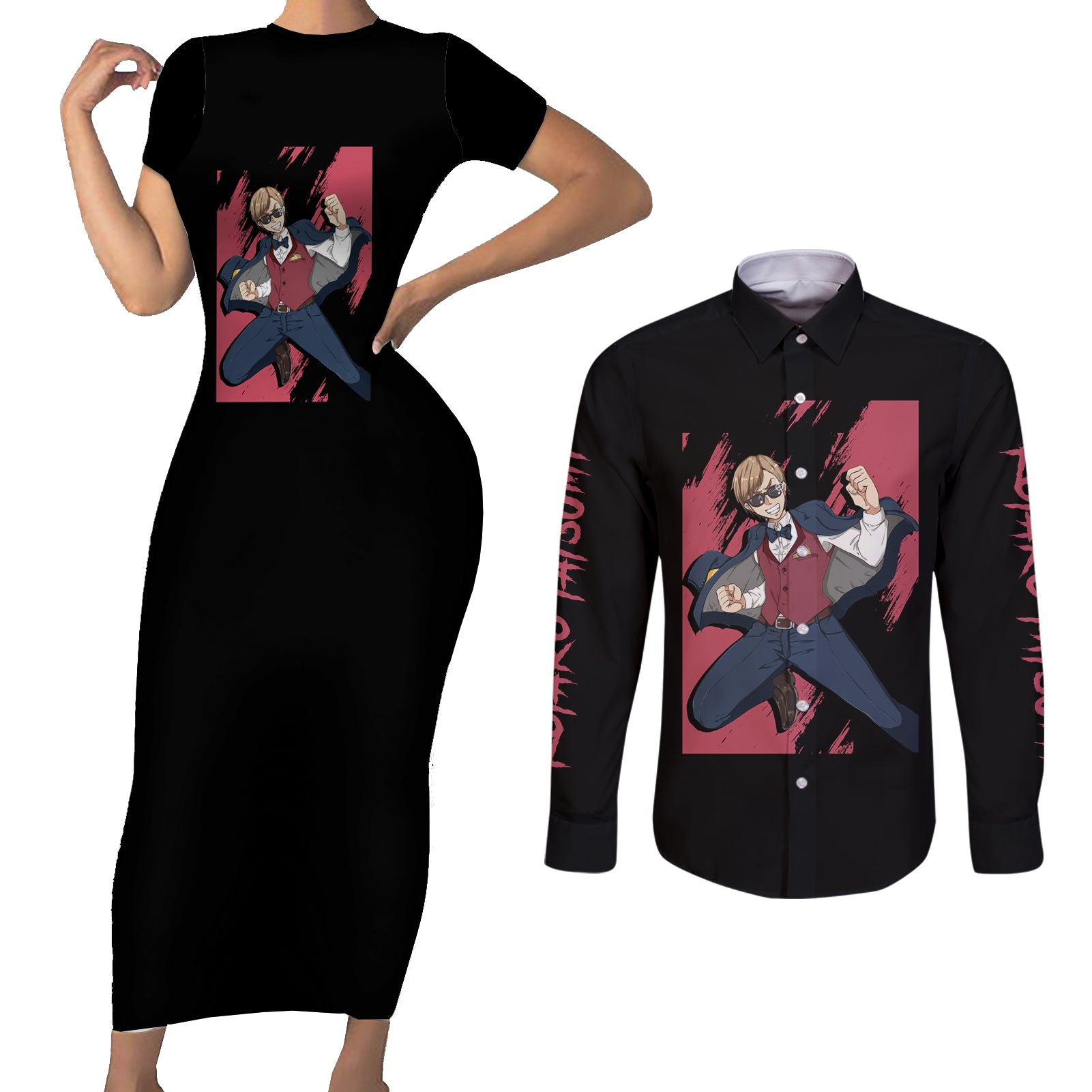 Kotaro Tatsumi Couples Matching Short Sleeve Bodycon Dress and Long Sleeve Button Shirt Zombie Land Saga