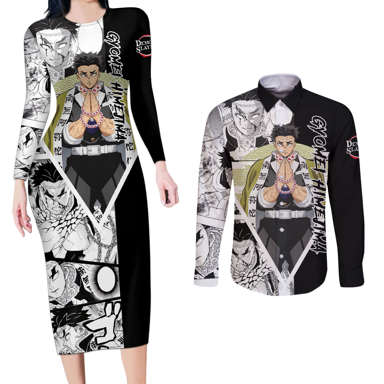 Gyomei Himejima Couples Matching Long Sleeve Bodycon Dress and Long Sleeve Button Shirt Demon Slayer