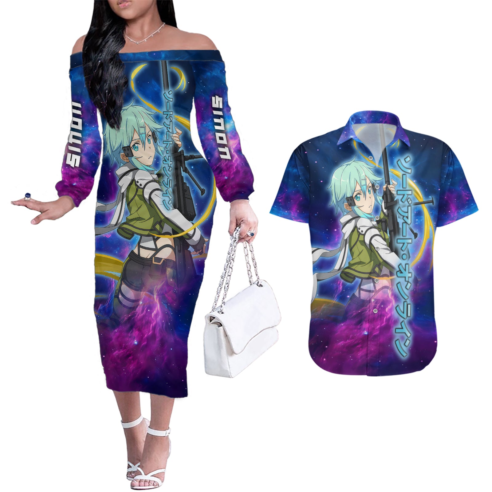 Sinon Couples Matching Off The Shoulder Long Sleeve Dress and Hawaiian Shirt Sword Art Galaxy Style