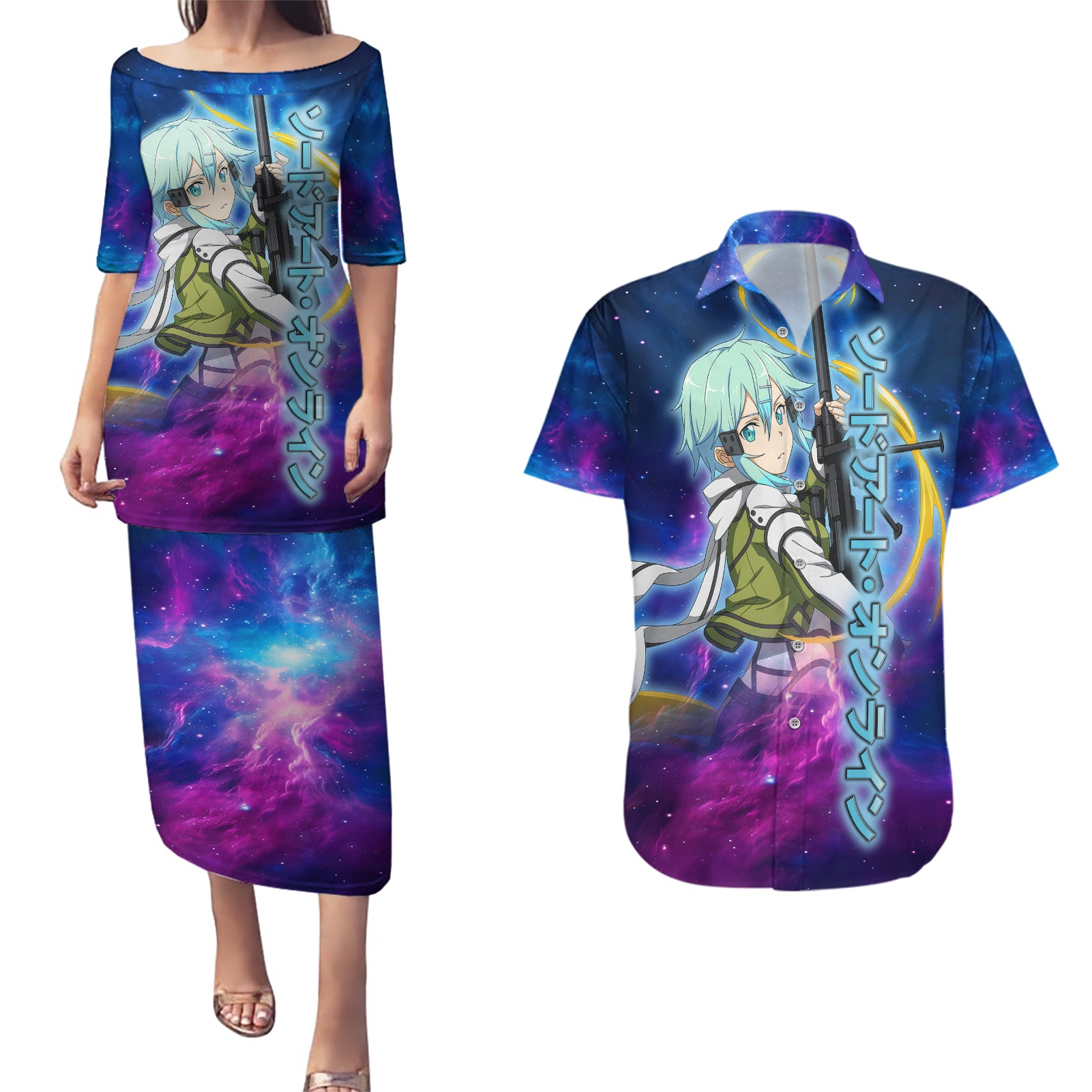 Sinon Couples Matching Puletasi and Hawaiian Shirt Sword Art Galaxy Style