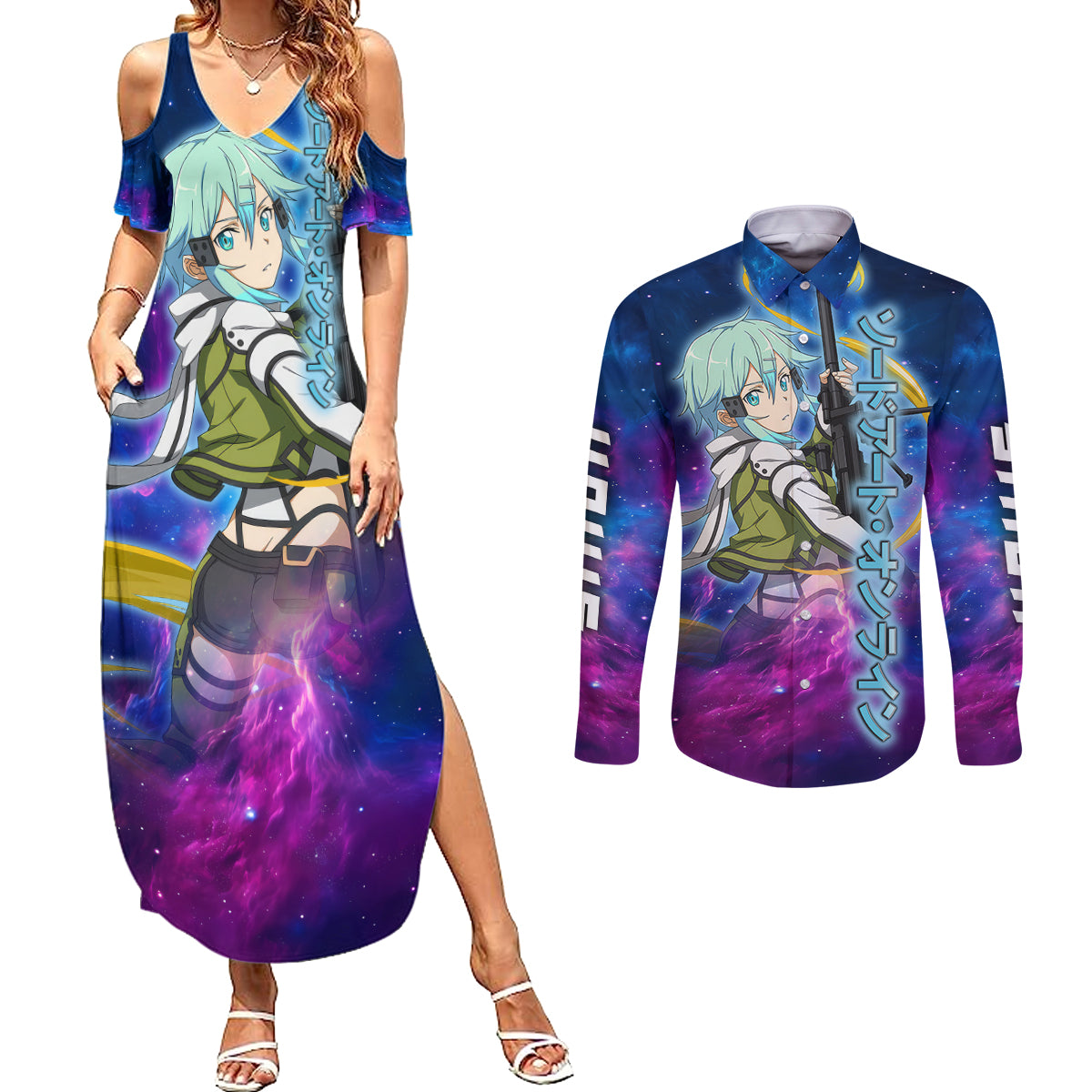 Sinon Couples Matching Summer Maxi Dress and Long Sleeve Button Shirt Sword Art Galaxy Style