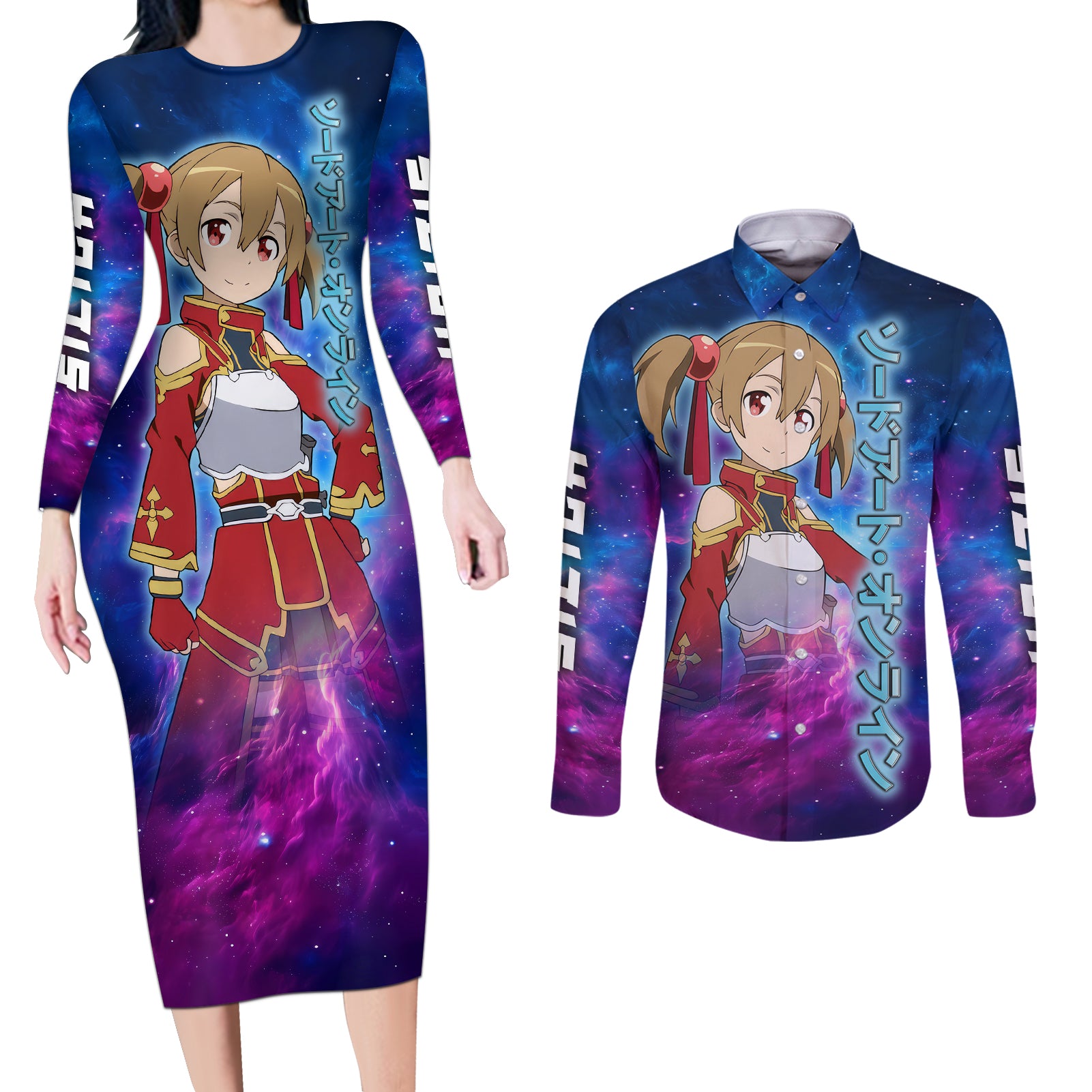 Silica Couples Matching Long Sleeve Bodycon Dress and Long Sleeve Button Shirt Sword Art Galaxy Style