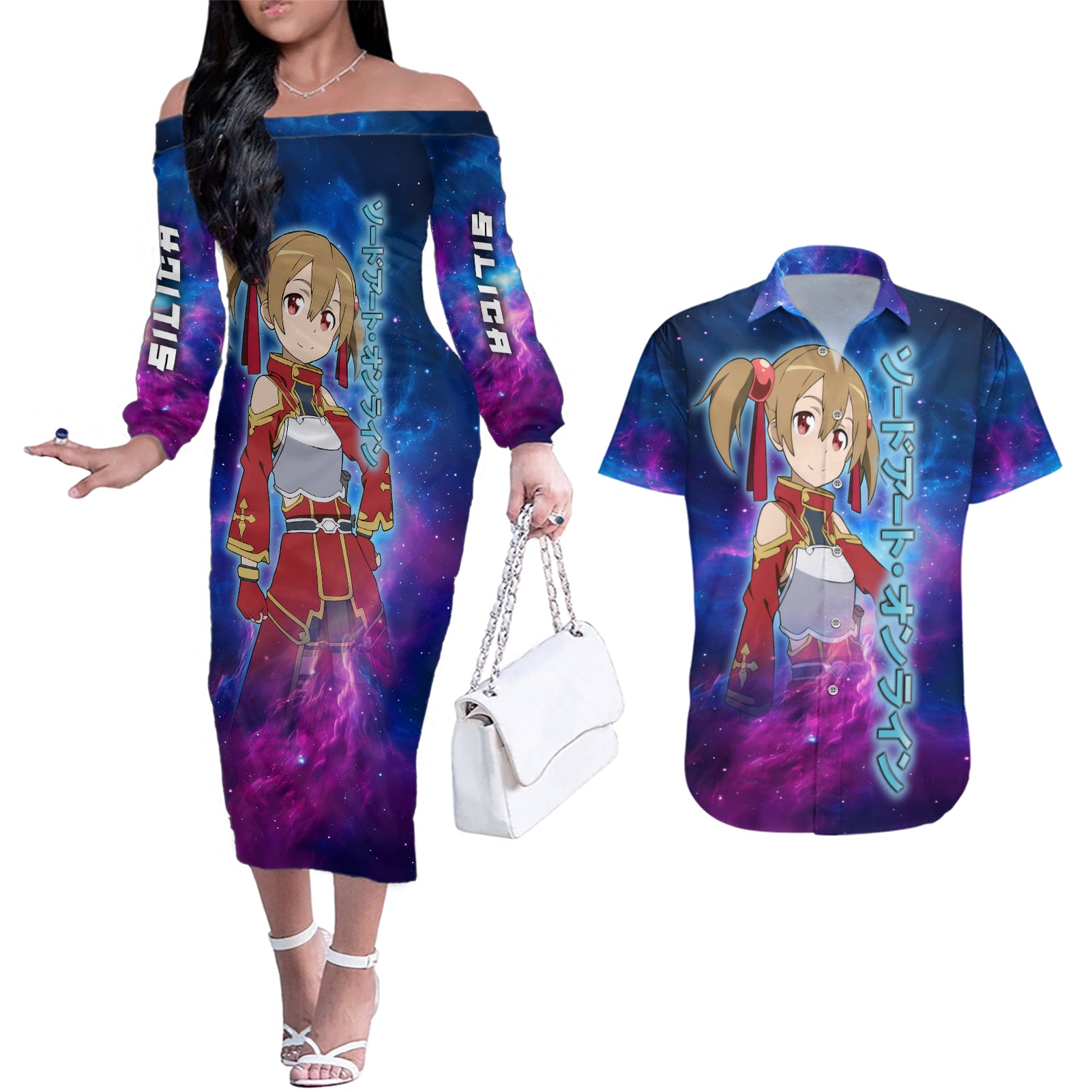 Silica Couples Matching Off The Shoulder Long Sleeve Dress and Hawaiian Shirt Sword Art Galaxy Style