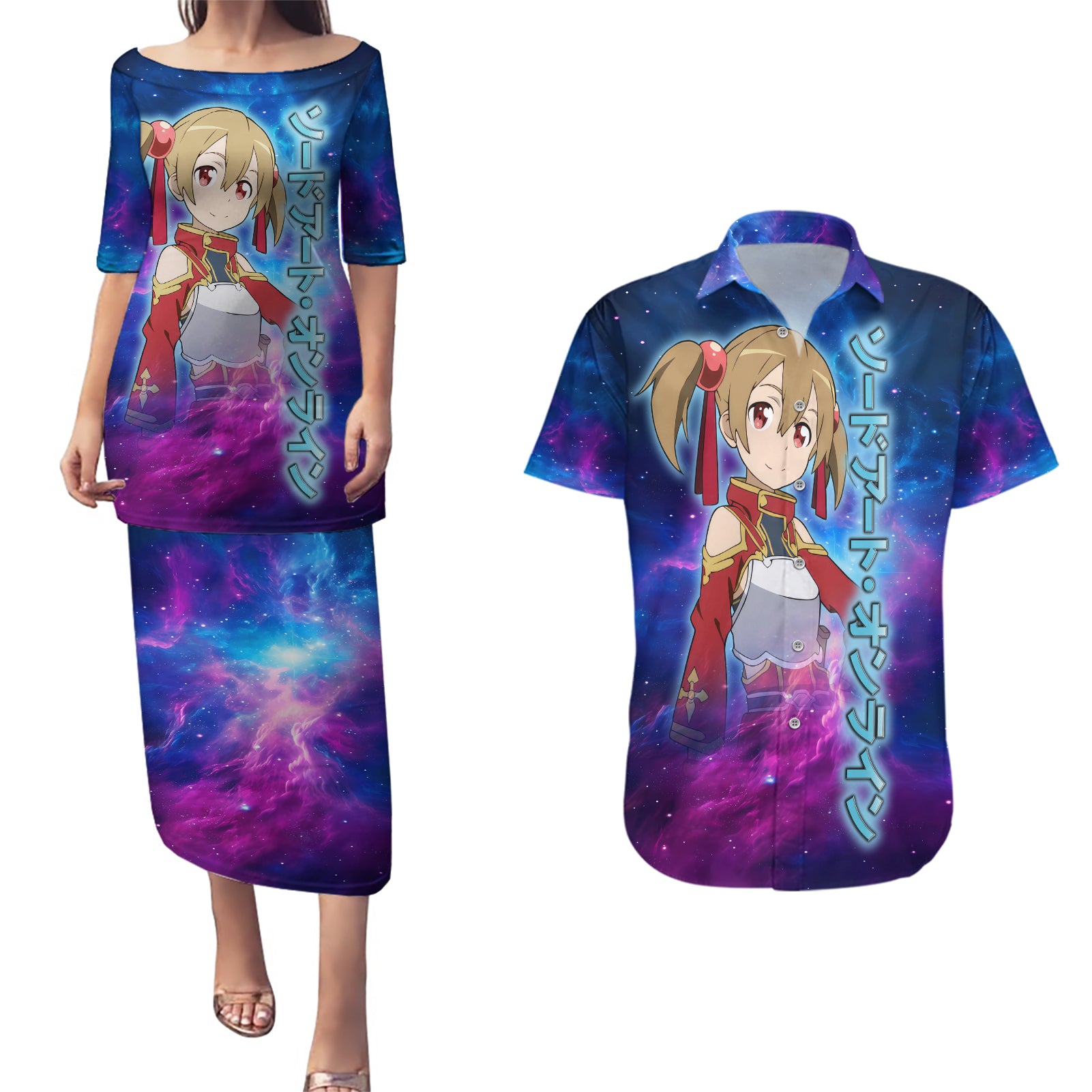 Silica Couples Matching Puletasi and Hawaiian Shirt Sword Art Galaxy Style