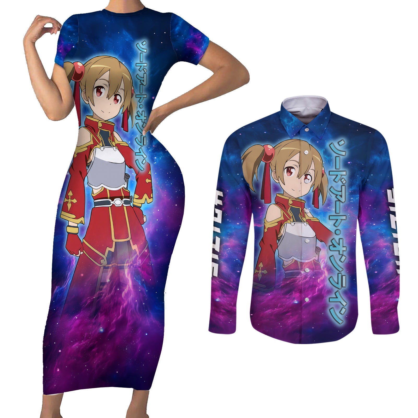 Silica Couples Matching Short Sleeve Bodycon Dress and Long Sleeve Button Shirt Sword Art Galaxy Style