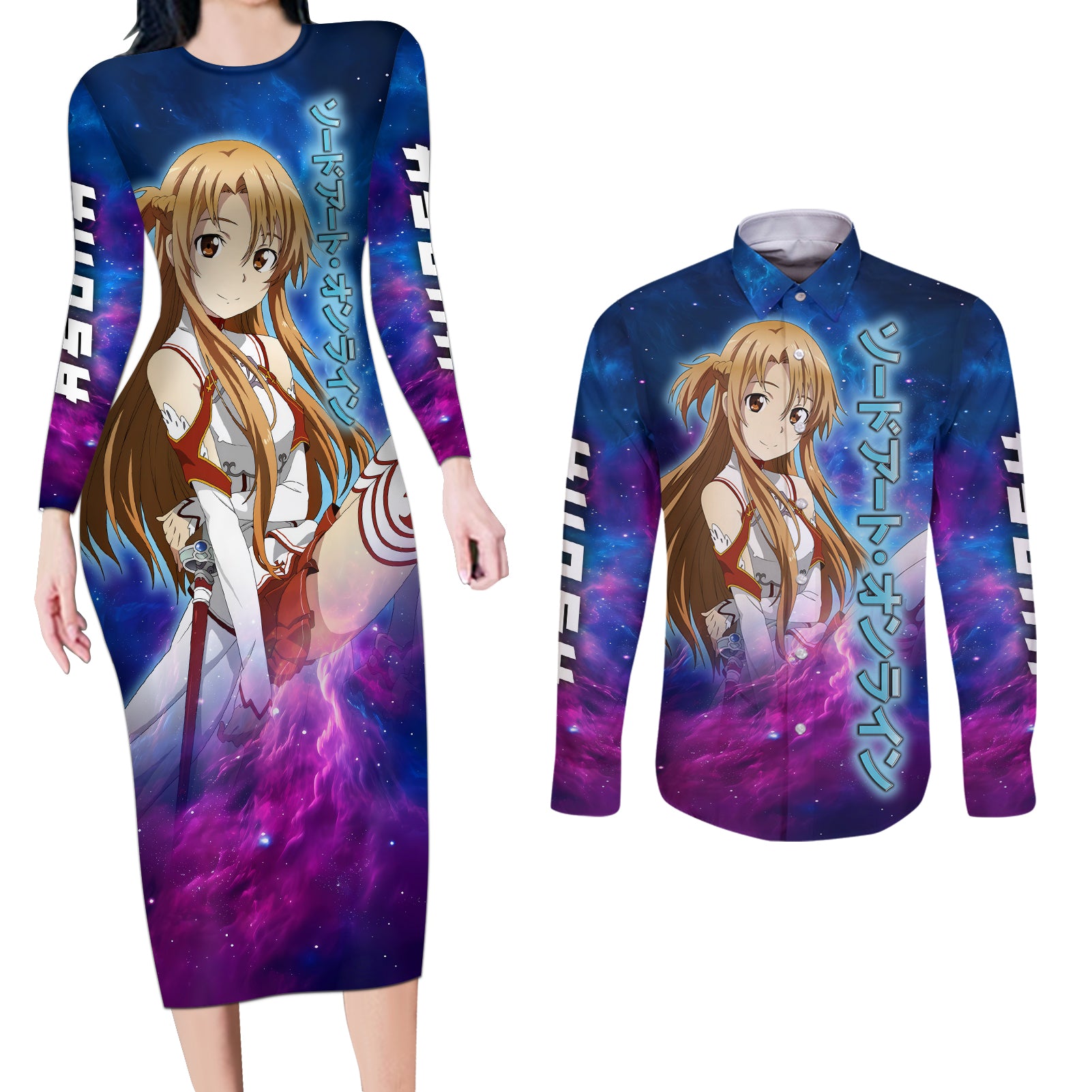 Asuna Couples Matching Long Sleeve Bodycon Dress and Long Sleeve Button Shirt Sword Art Galaxy Style