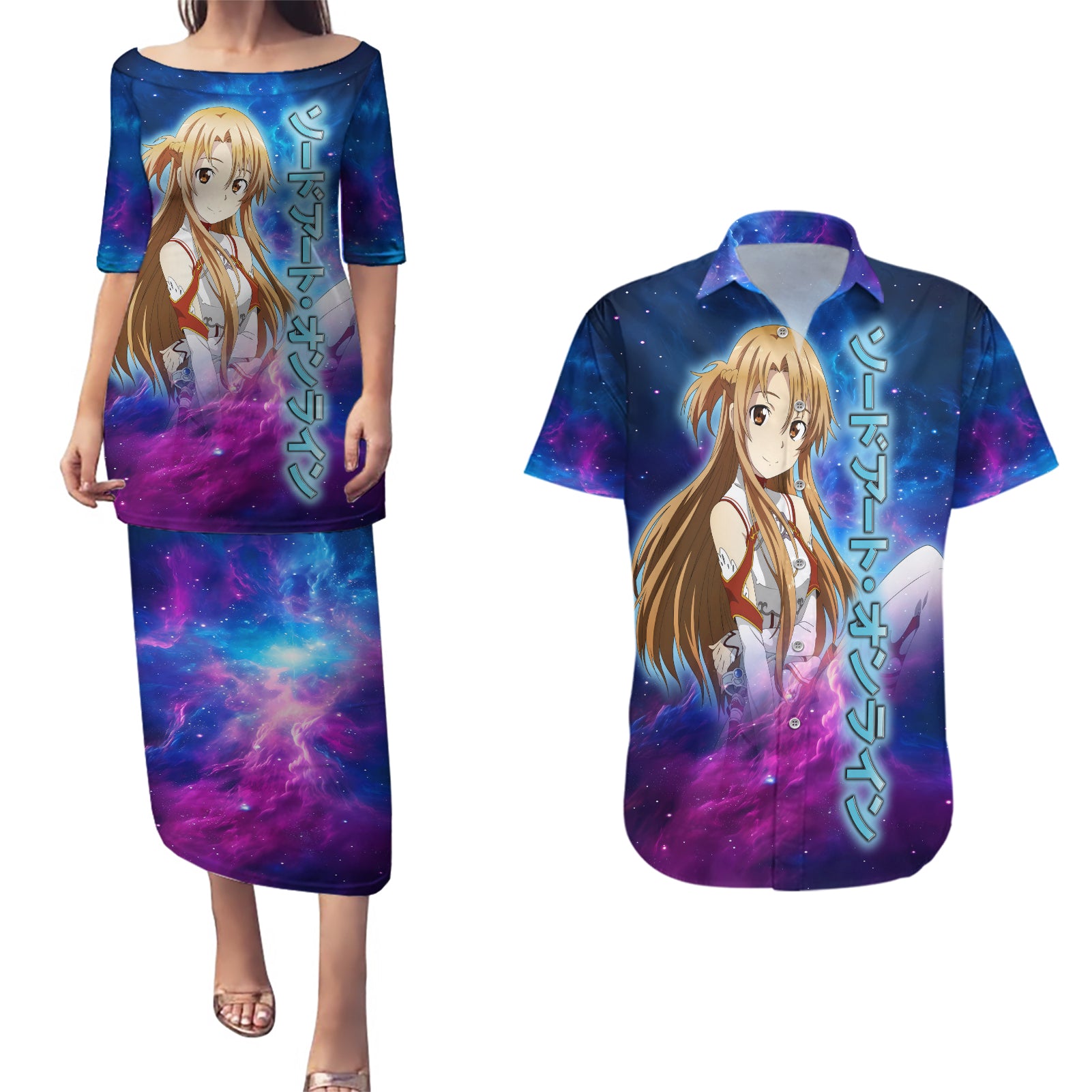 Asuna Couples Matching Puletasi and Hawaiian Shirt Sword Art Galaxy Style