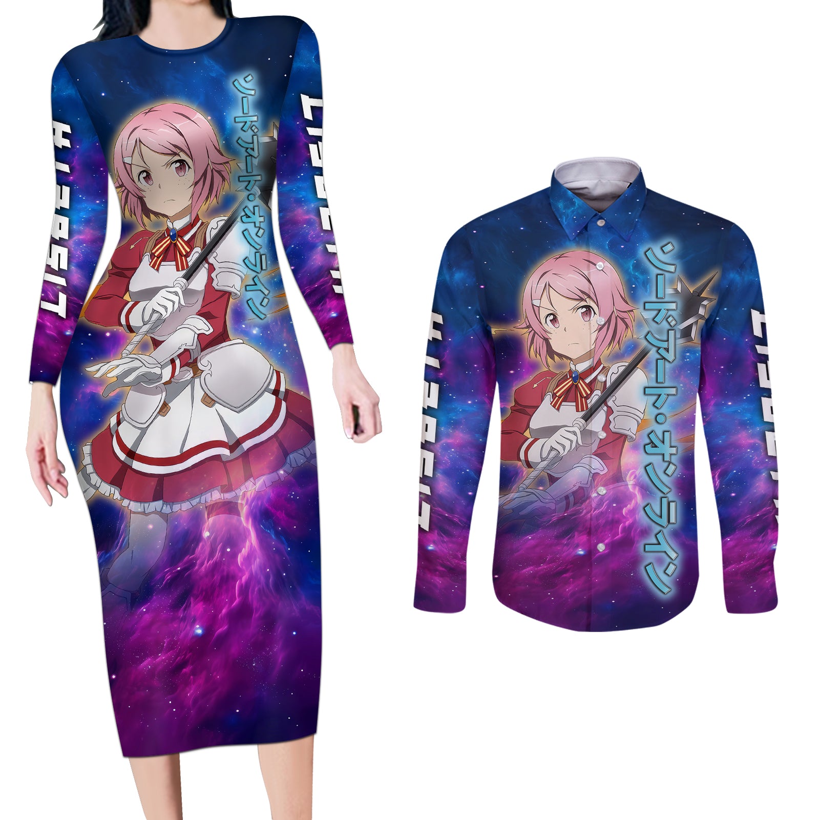 Shinozaki Rika Lisbeth Couples Matching Long Sleeve Bodycon Dress and Long Sleeve Button Shirt Sword Art Galaxy Style