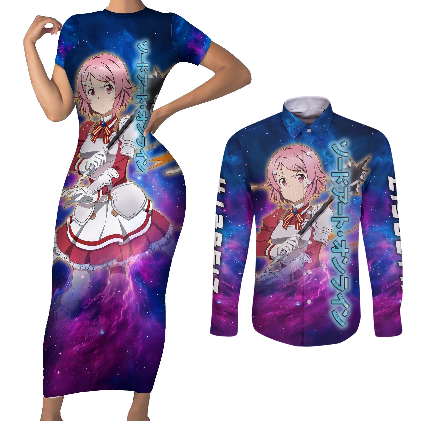 Shinozaki Rika Lisbeth Couples Matching Short Sleeve Bodycon Dress and Long Sleeve Button Shirt Sword Art Galaxy Style