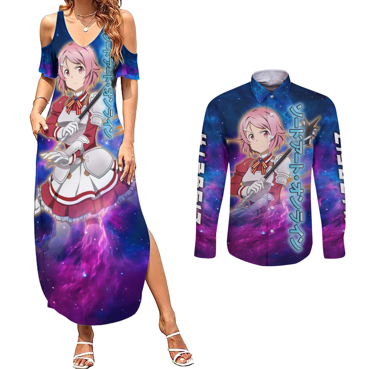 Shinozaki Rika Lisbeth Couples Matching Summer Maxi Dress and Long Sleeve Button Shirt Sword Art Galaxy Style