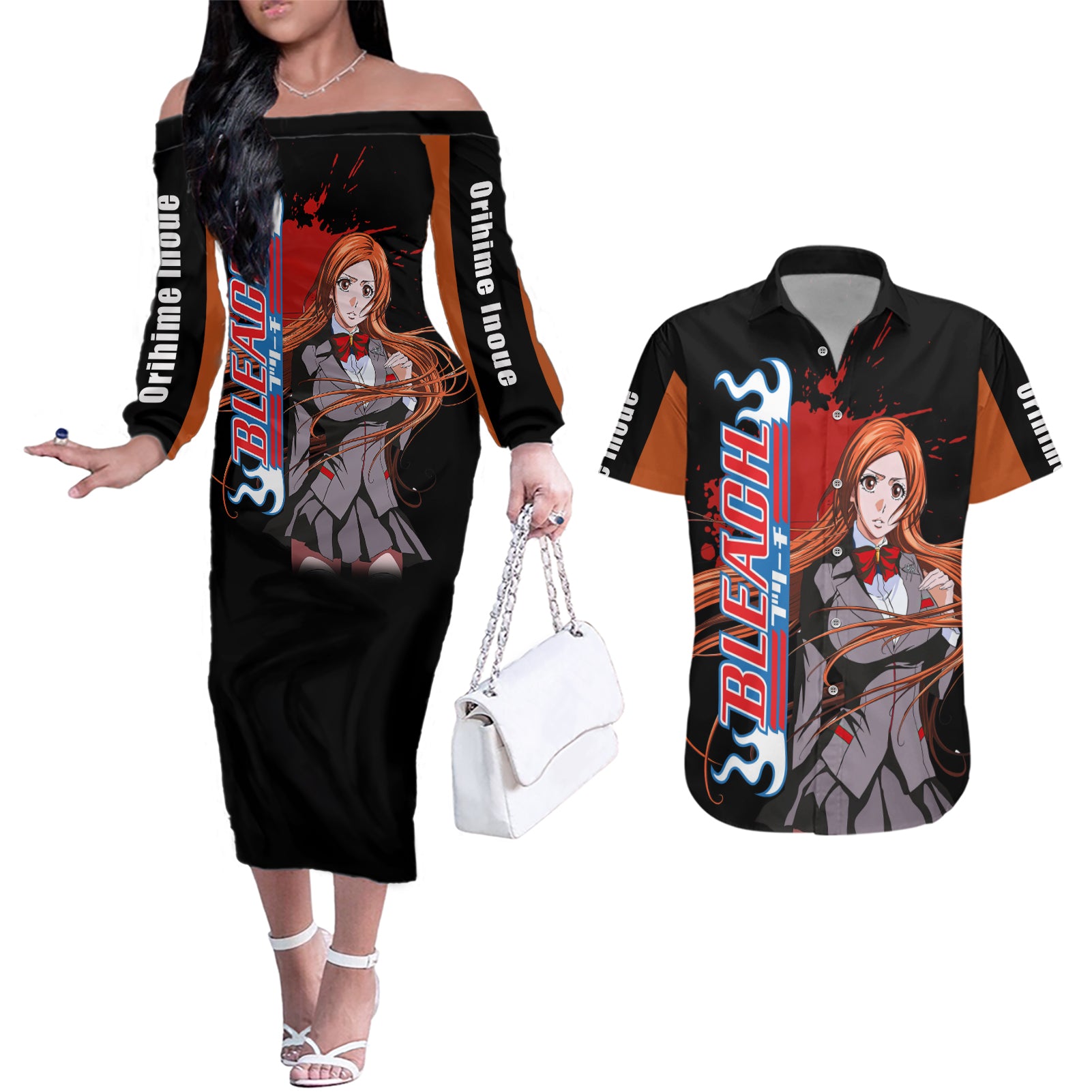 Orihime Inoue Couples Matching Off The Shoulder Long Sleeve Dress and Hawaiian Shirt Bleach