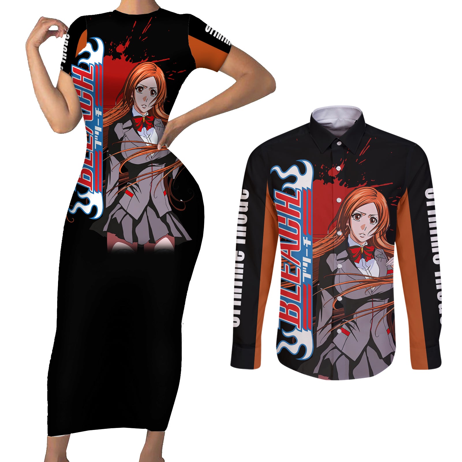 Orihime Inoue Couples Matching Short Sleeve Bodycon Dress and Long Sleeve Button Shirt Bleach