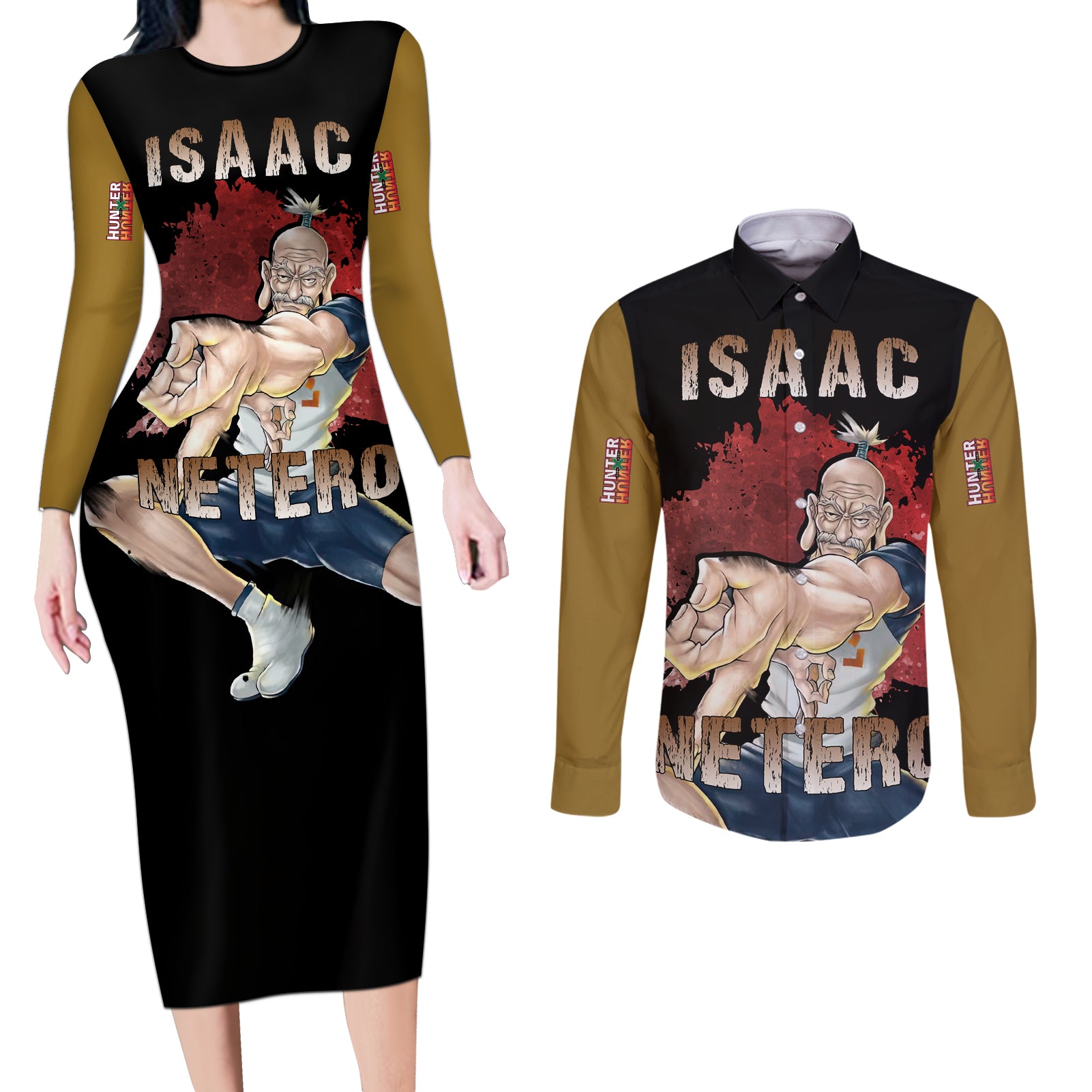 Isaac Netero Couples Matching Long Sleeve Bodycon Dress and Long Sleeve Button Shirt Hunter × Hunter