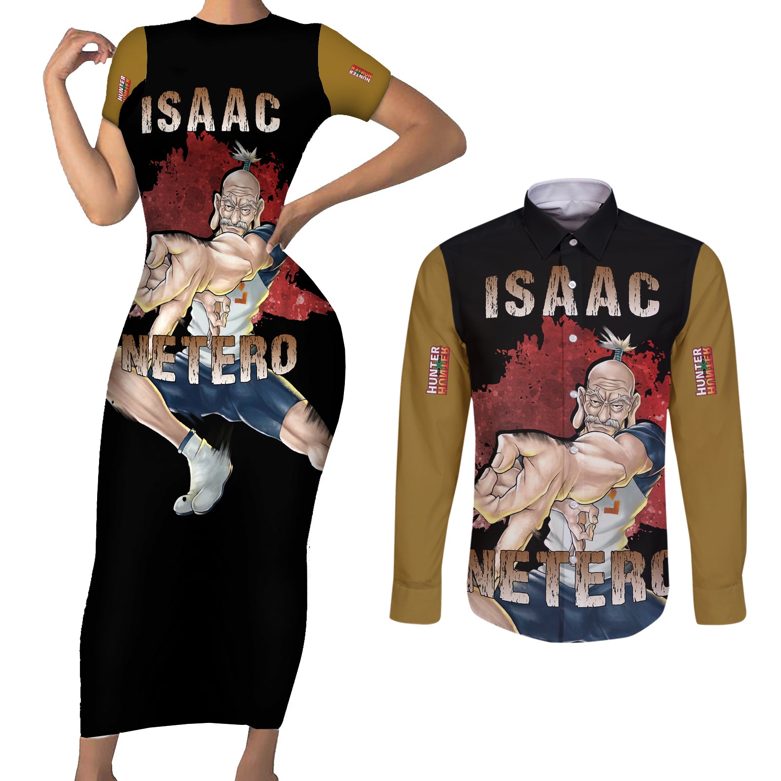 Isaac Netero Couples Matching Short Sleeve Bodycon Dress and Long Sleeve Button Shirt Hunter × Hunter