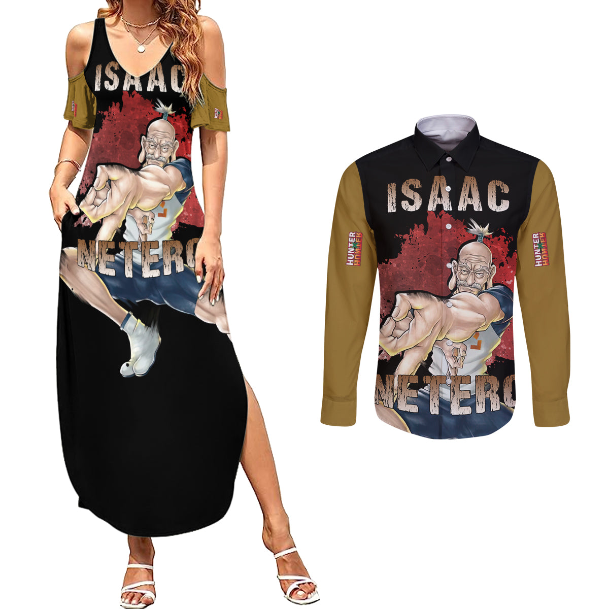 Isaac Netero Couples Matching Summer Maxi Dress and Long Sleeve Button Shirt Hunter × Hunter