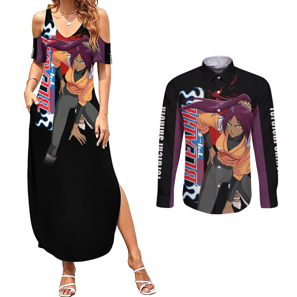 Yoruichi Shihoin Couples Matching Summer Maxi Dress and Long Sleeve Button Shirt Bleach