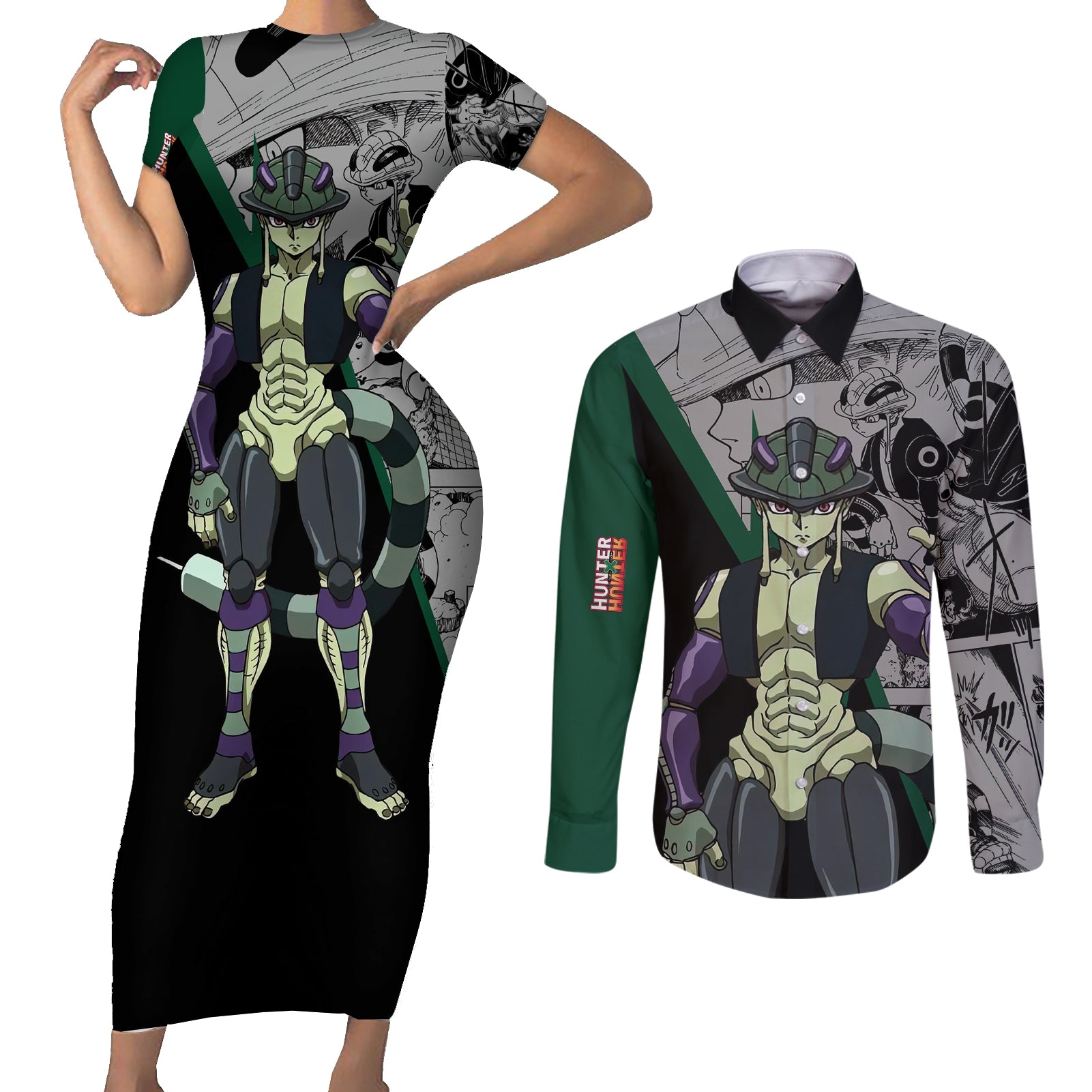 Meruem Couples Matching Short Sleeve Bodycon Dress and Long Sleeve Button Shirt Manga Style