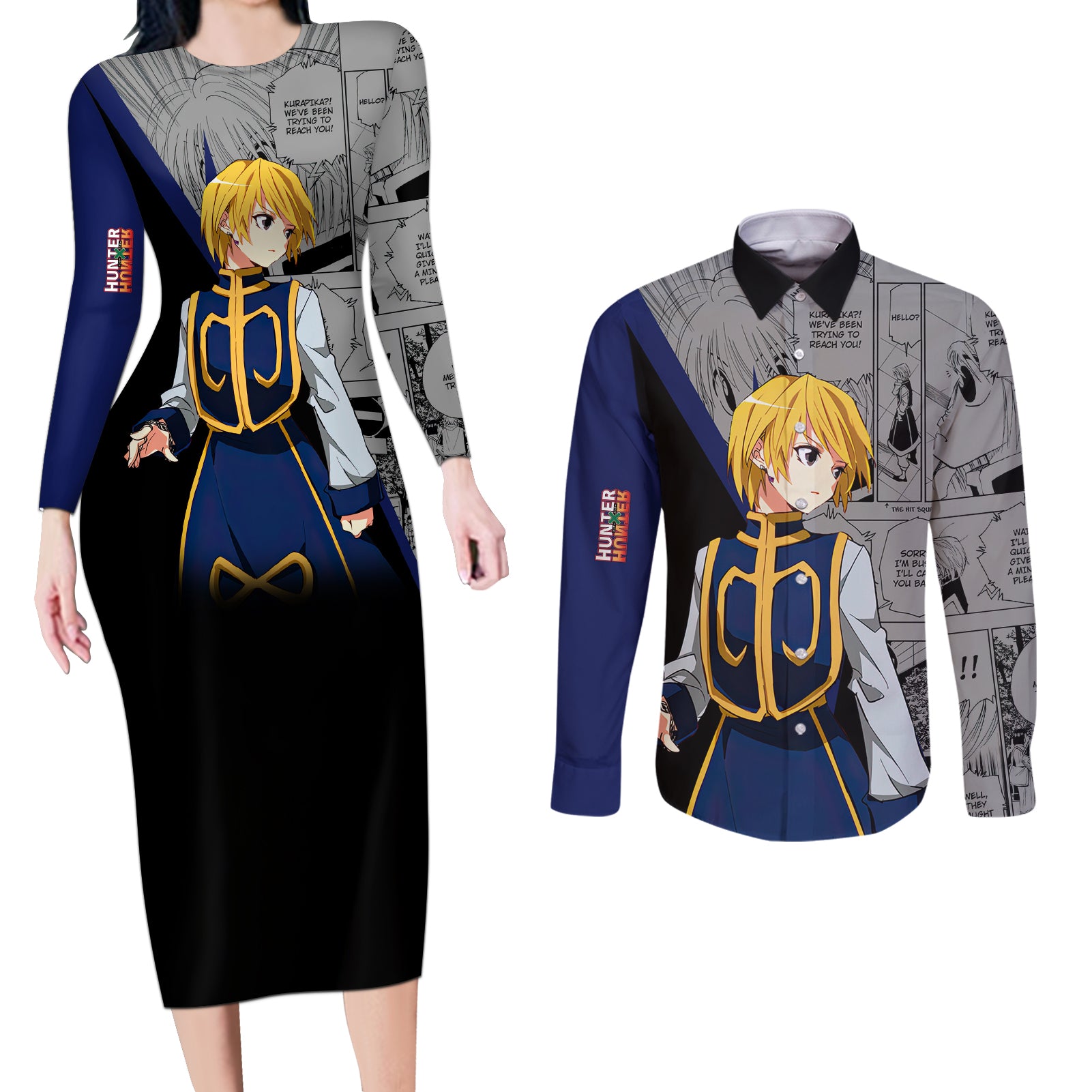 Kurapika Couples Matching Long Sleeve Bodycon Dress and Long Sleeve Button Shirt Manga Style