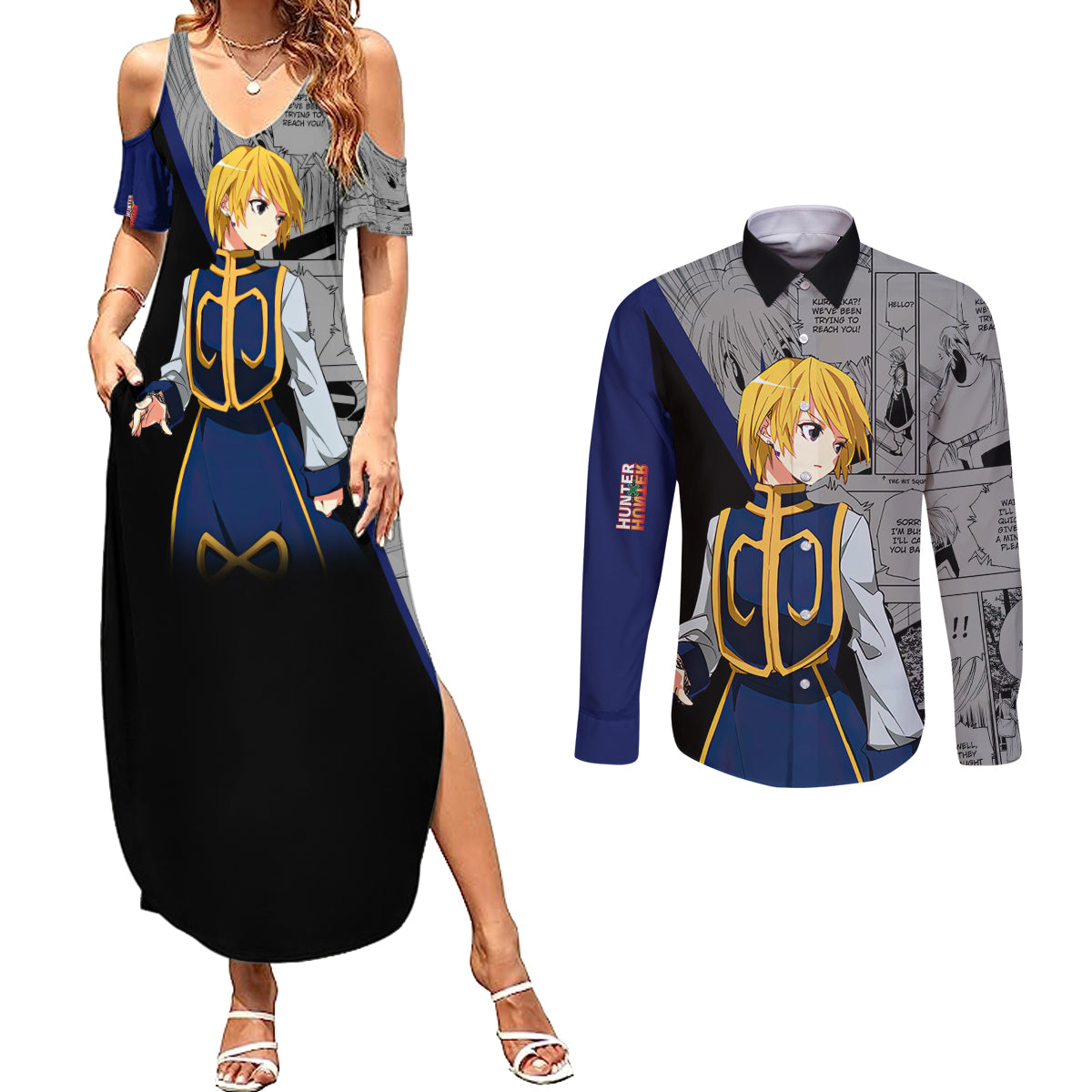 Kurapika Couples Matching Summer Maxi Dress and Long Sleeve Button Shirt Manga Style