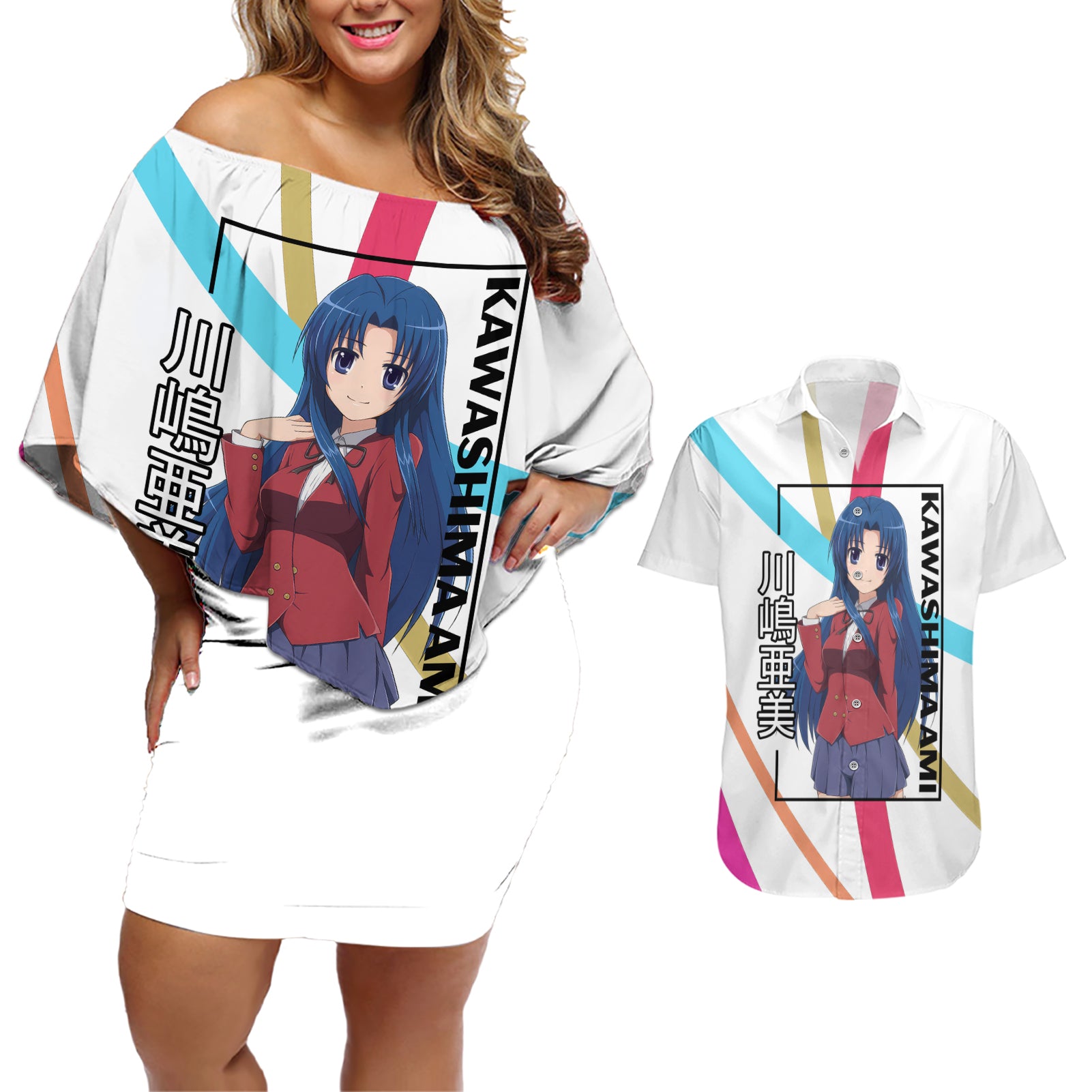 Kawashima Ami Couples Matching Off Shoulder Short Dress and Hawaiian Shirt Toradora Anime Style